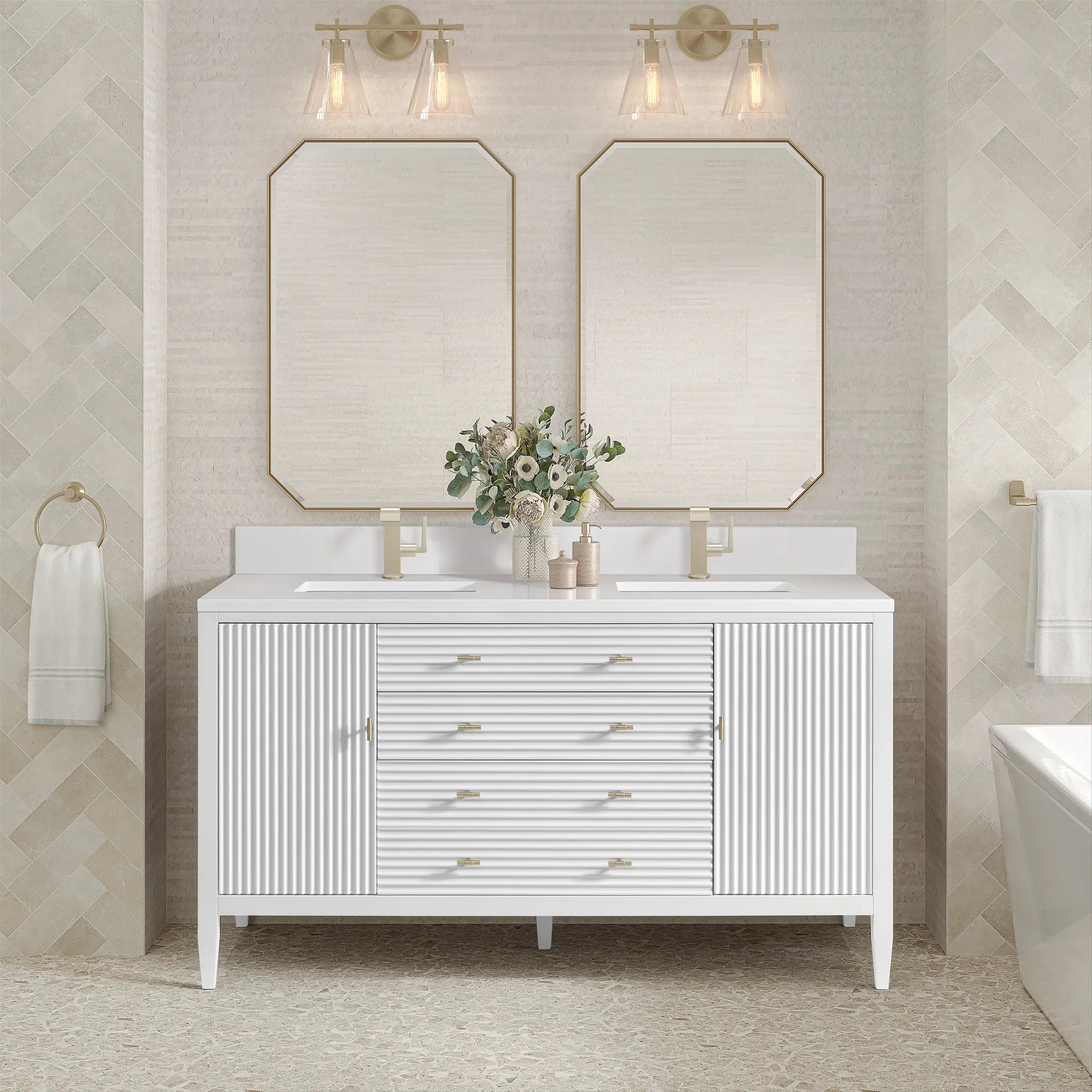 60" Myrrin Double Vanity in Bright White-White Zeus Silestone & Backsplash-Single Hole image 1