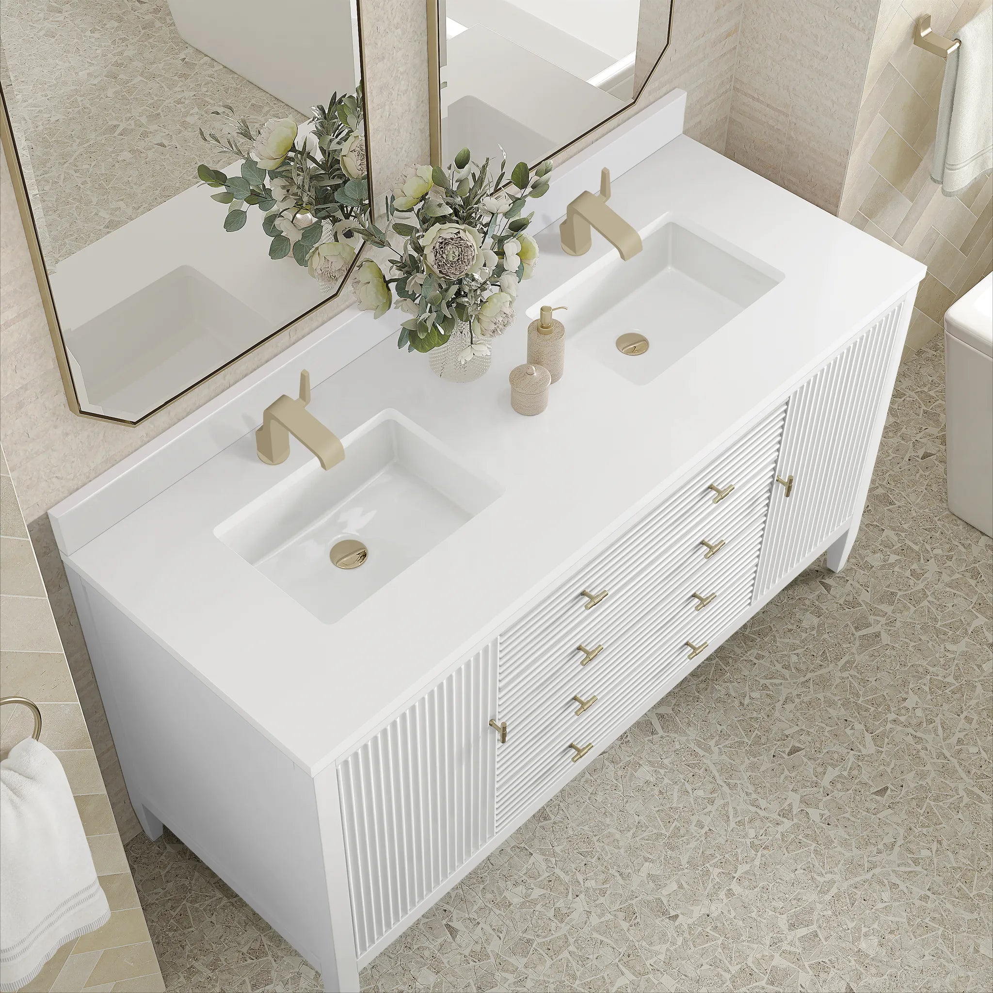 60" Myrrin Double Vanity in Bright White-White Zeus Silestone & Backsplash-Single Hole image 3