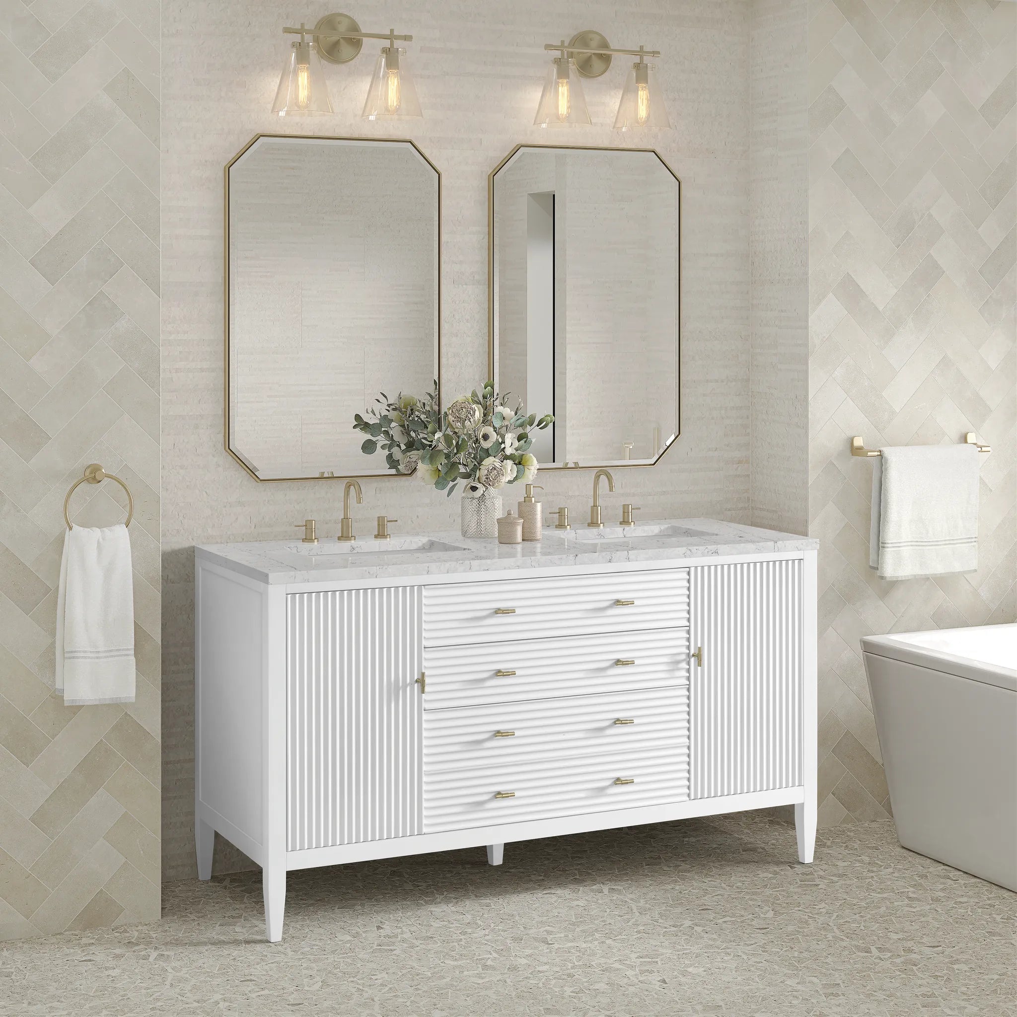 60" Myrrin Double Vanity in Bright White Wireless Charger-Eternal Jasmine Pearl Silestone-8" Widespread image 6