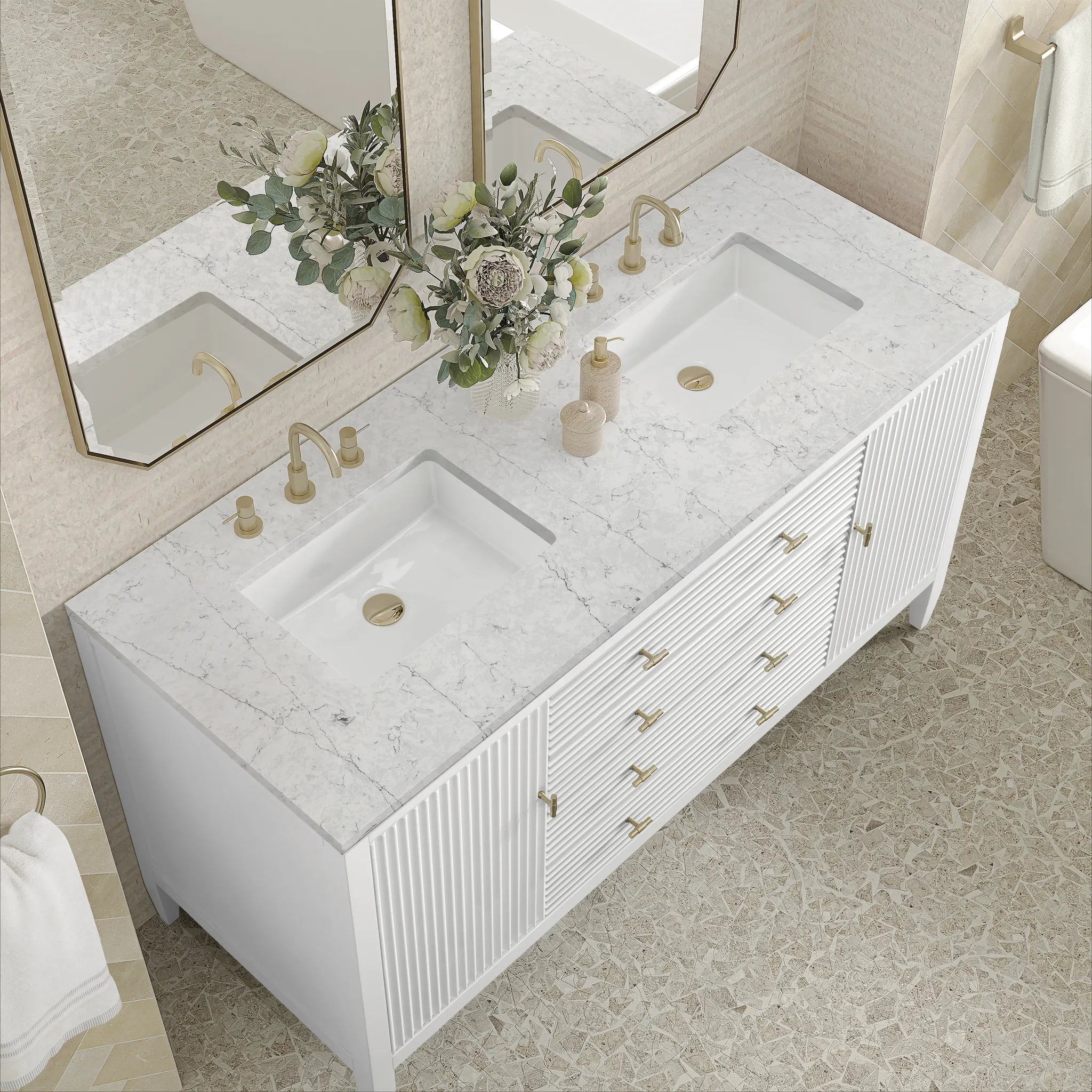 60" Myrrin Double Vanity in Bright White Wireless Charger-Eternal Jasmine Pearl Silestone-8" Widespread image 8