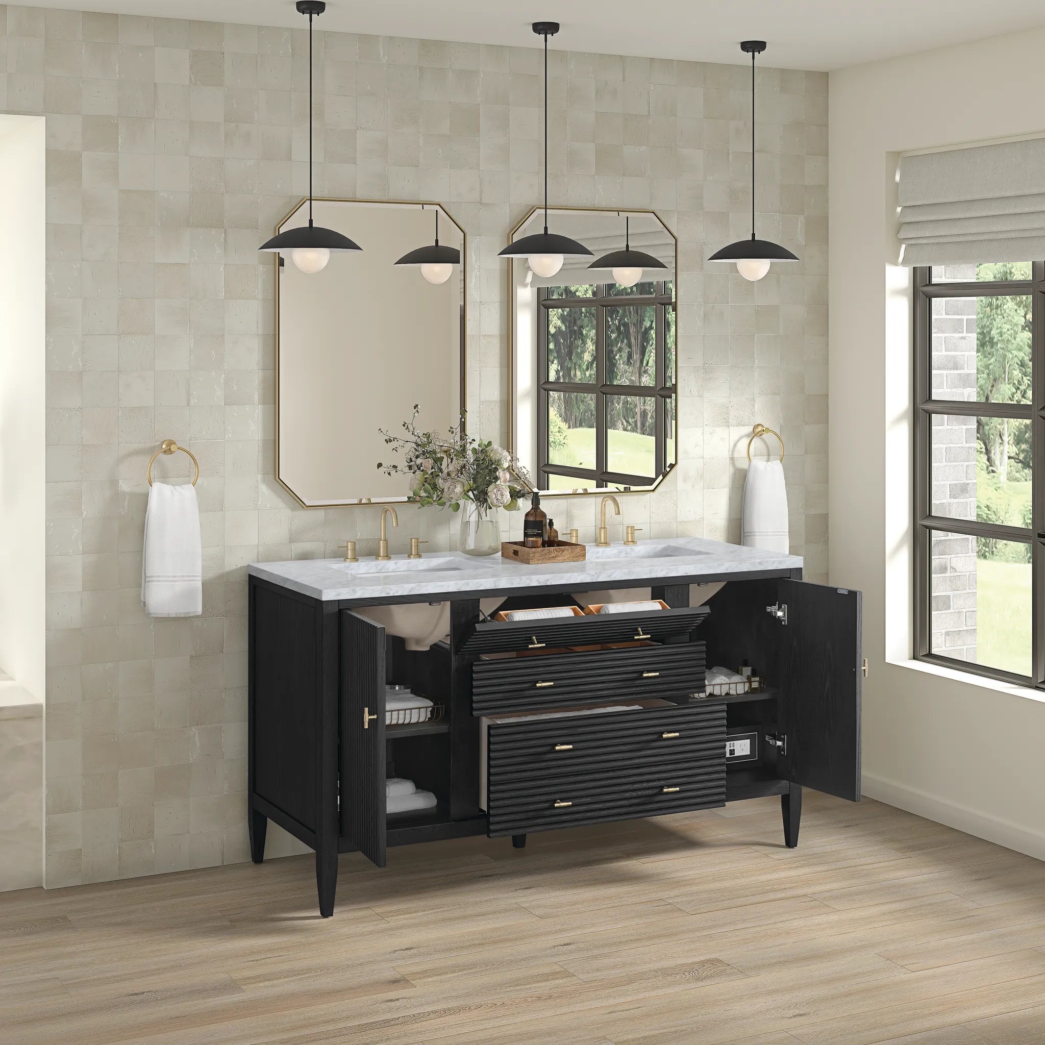 60" Myrrin Double Vanity in Carbon Oak-Carrara White Marble-8" Widespread image 4