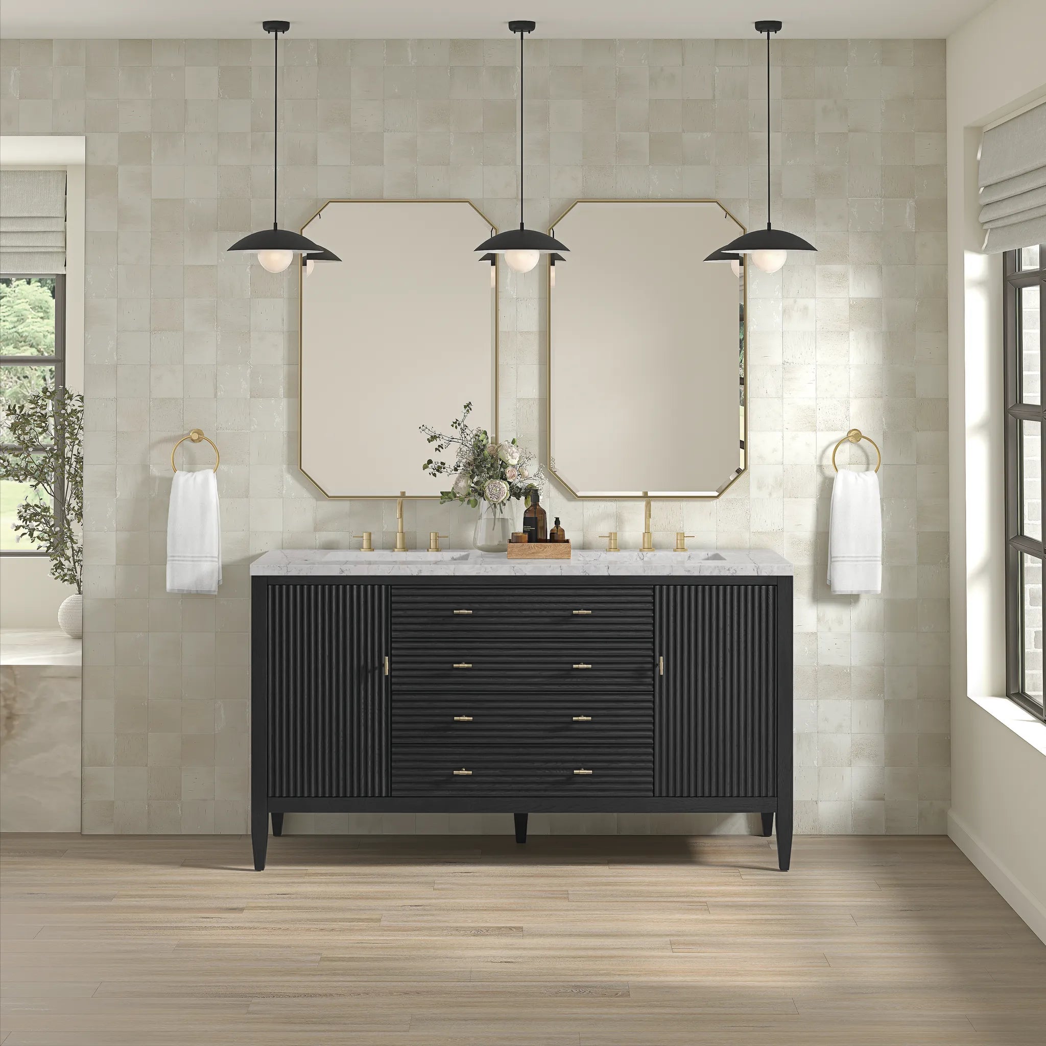 60" Myrrin Double Vanity in Carbon Oak-Eternal Jasmine Pearl Silestone-8" Widespread image 2