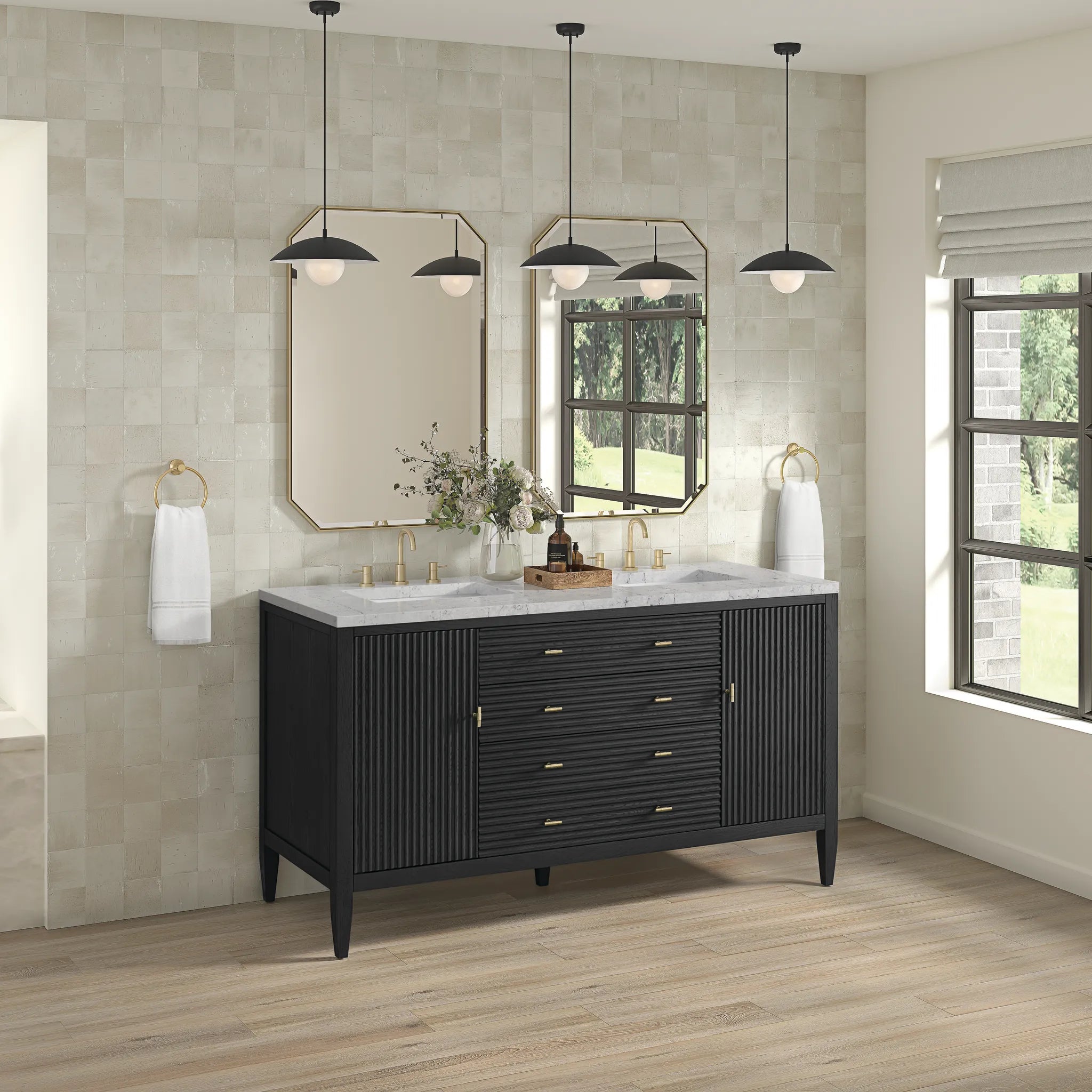 60" Myrrin Double Vanity in Carbon Oak-Eternal Jasmine Pearl Silestone-8" Widespread image 3