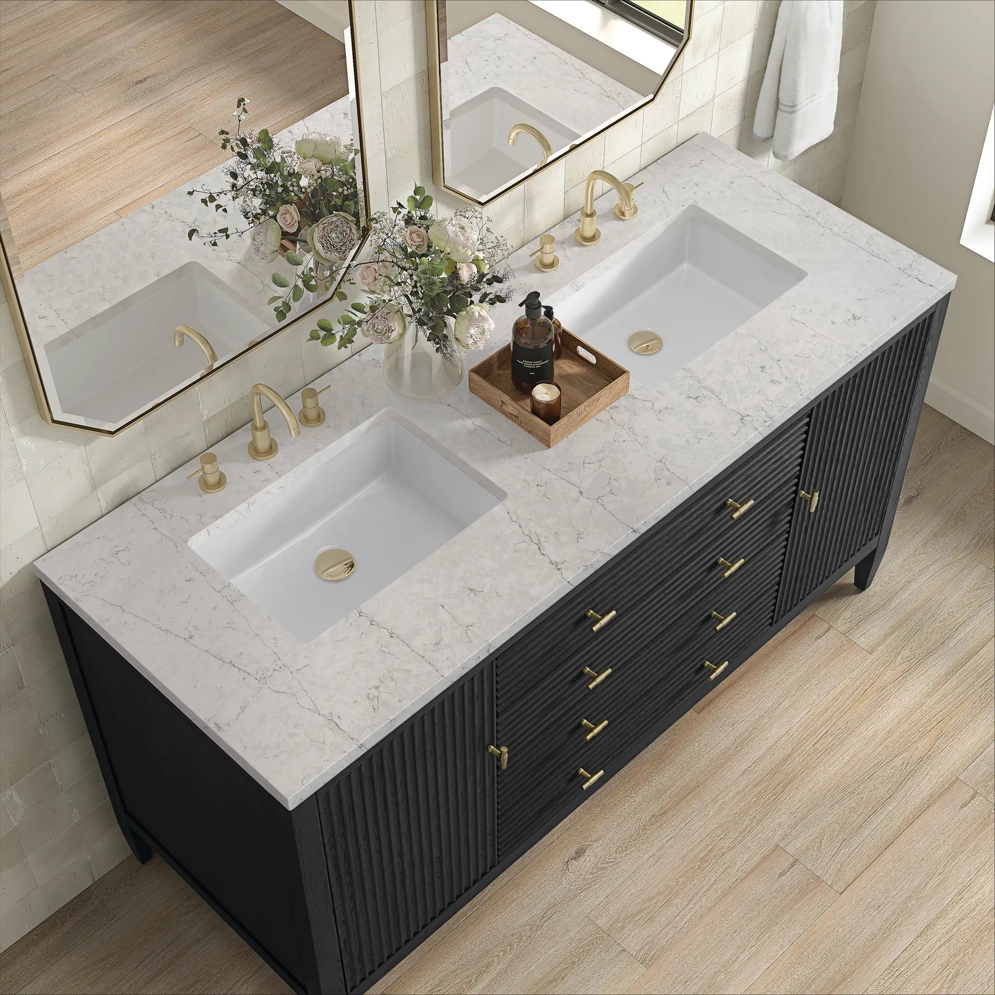 60" Myrrin Double Vanity in Carbon Oak-Eternal Jasmine Pearl Silestone-8" Widespread image 6