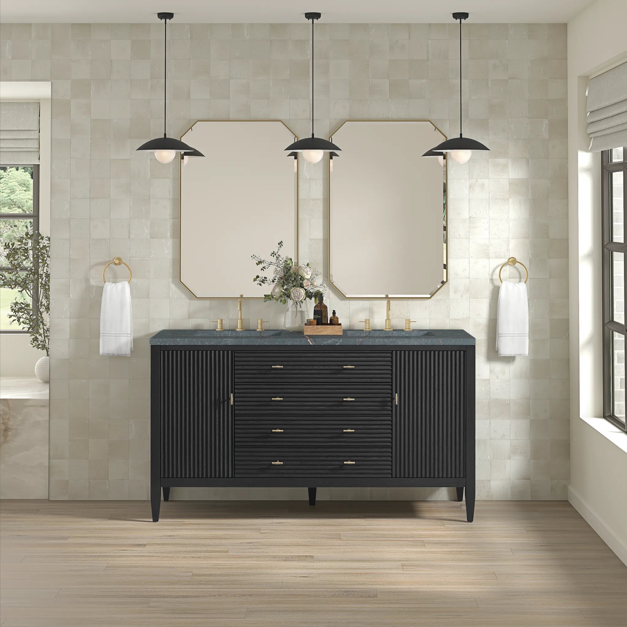 60" Myrrin Double Vanity in Carbon Oak-Parisien Bleu Silestone-8" Widespread image 2