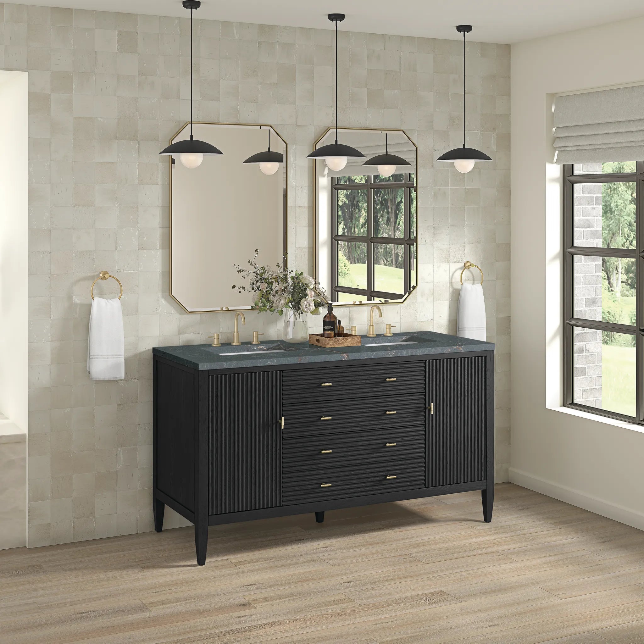 60" Myrrin Double Vanity in Carbon Oak-Parisien Bleu Silestone-8" Widespread image 3