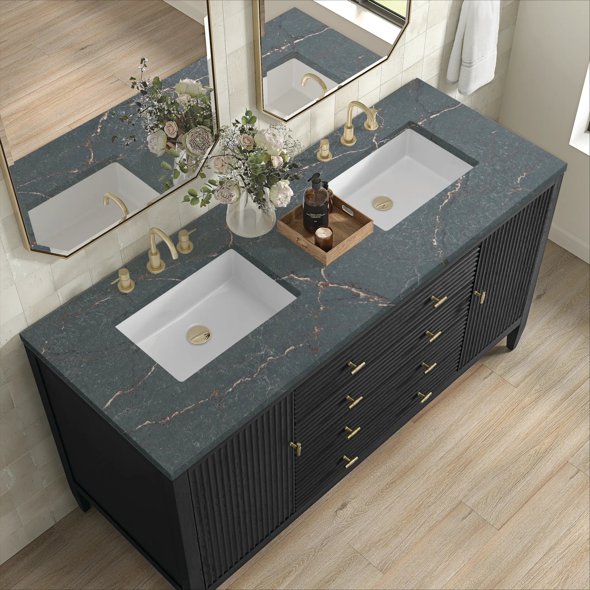 60" Myrrin Double Vanity in Carbon Oak-Parisien Bleu Silestone-8" Widespread image 6