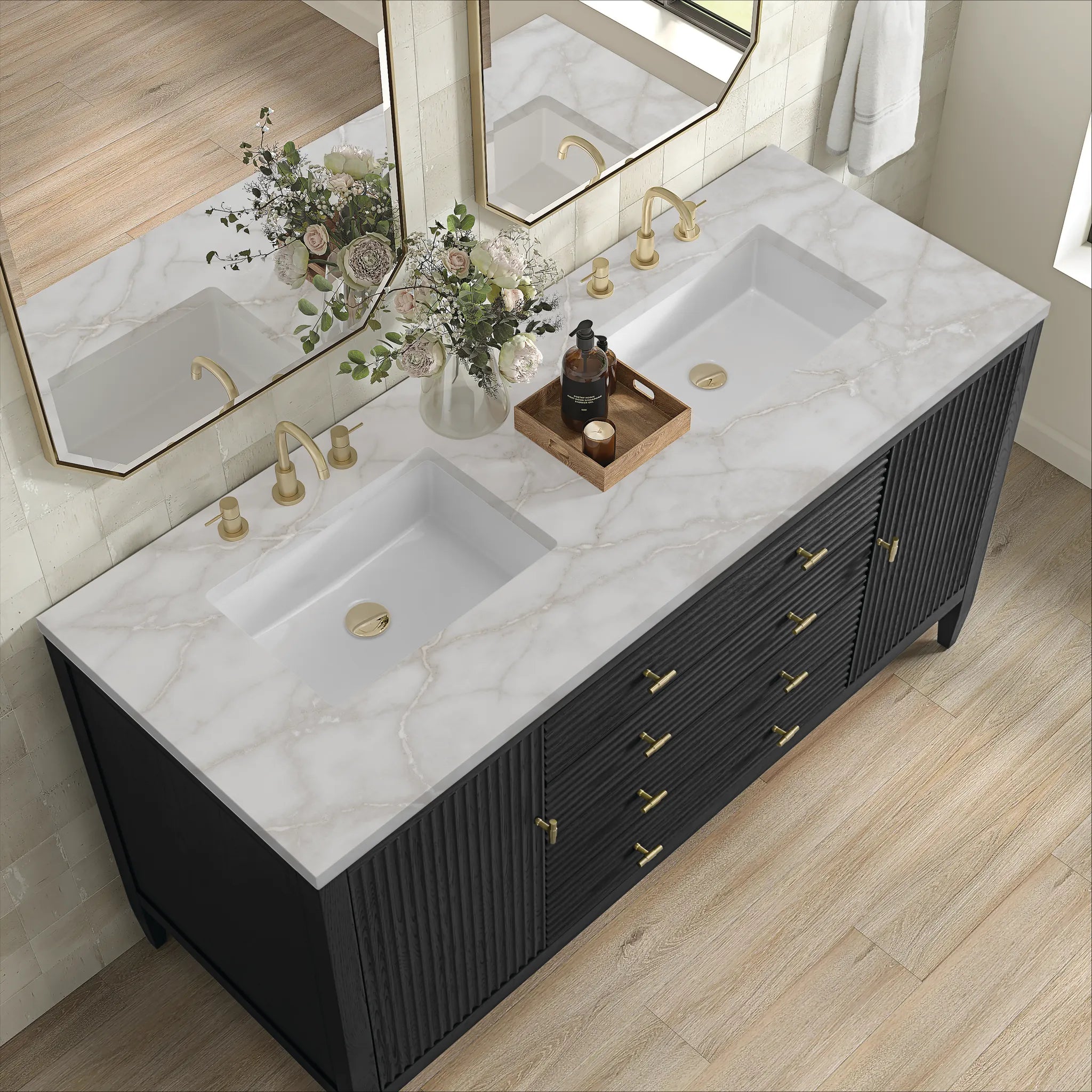 60" Myrrin Double Vanity in Carbon Oak-Victorian Silver Silestone-8" Widespread image 6