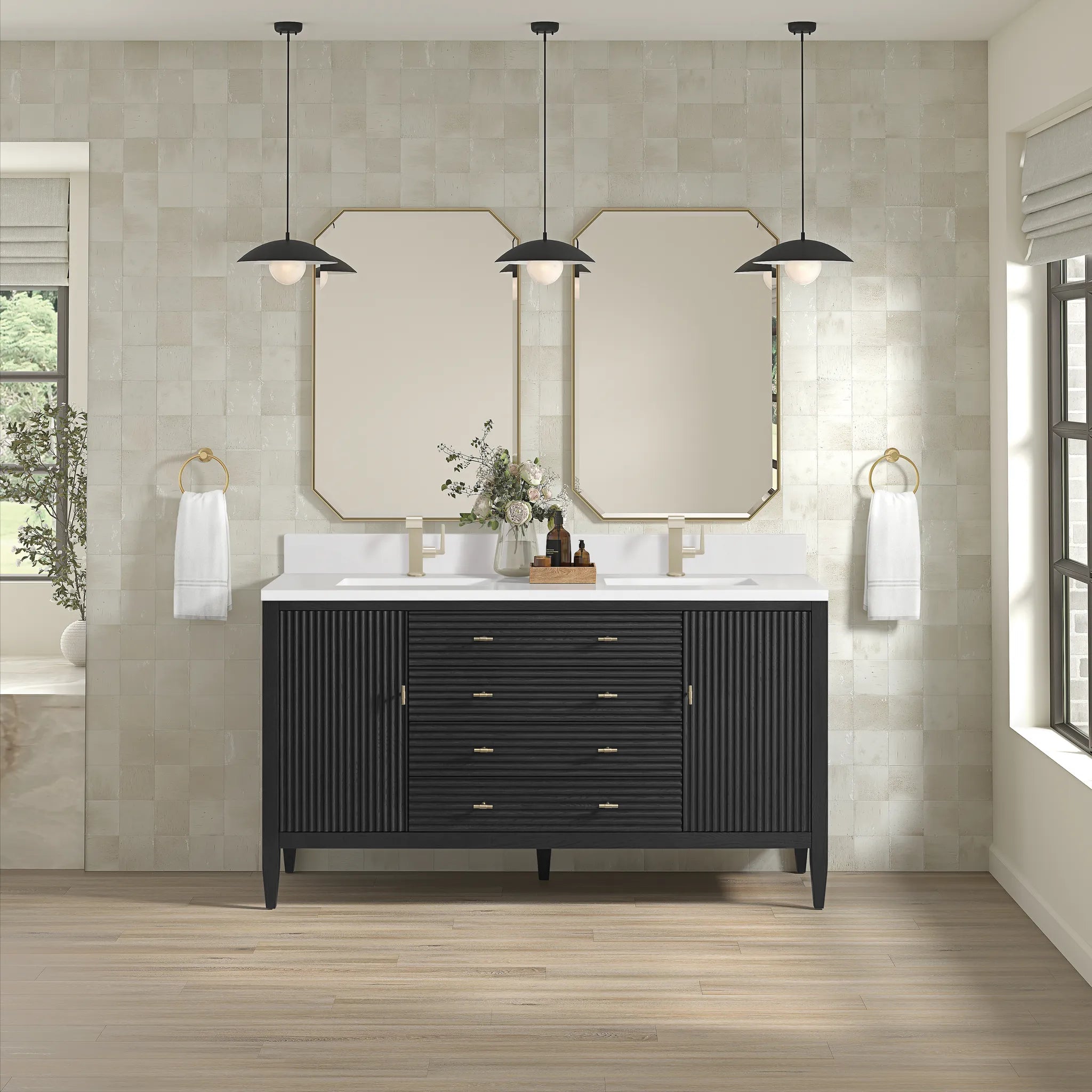 60" Myrrin Double Vanity in Carbon Oak-White Zeus Silestone & Backsplash-Single Hole image 1