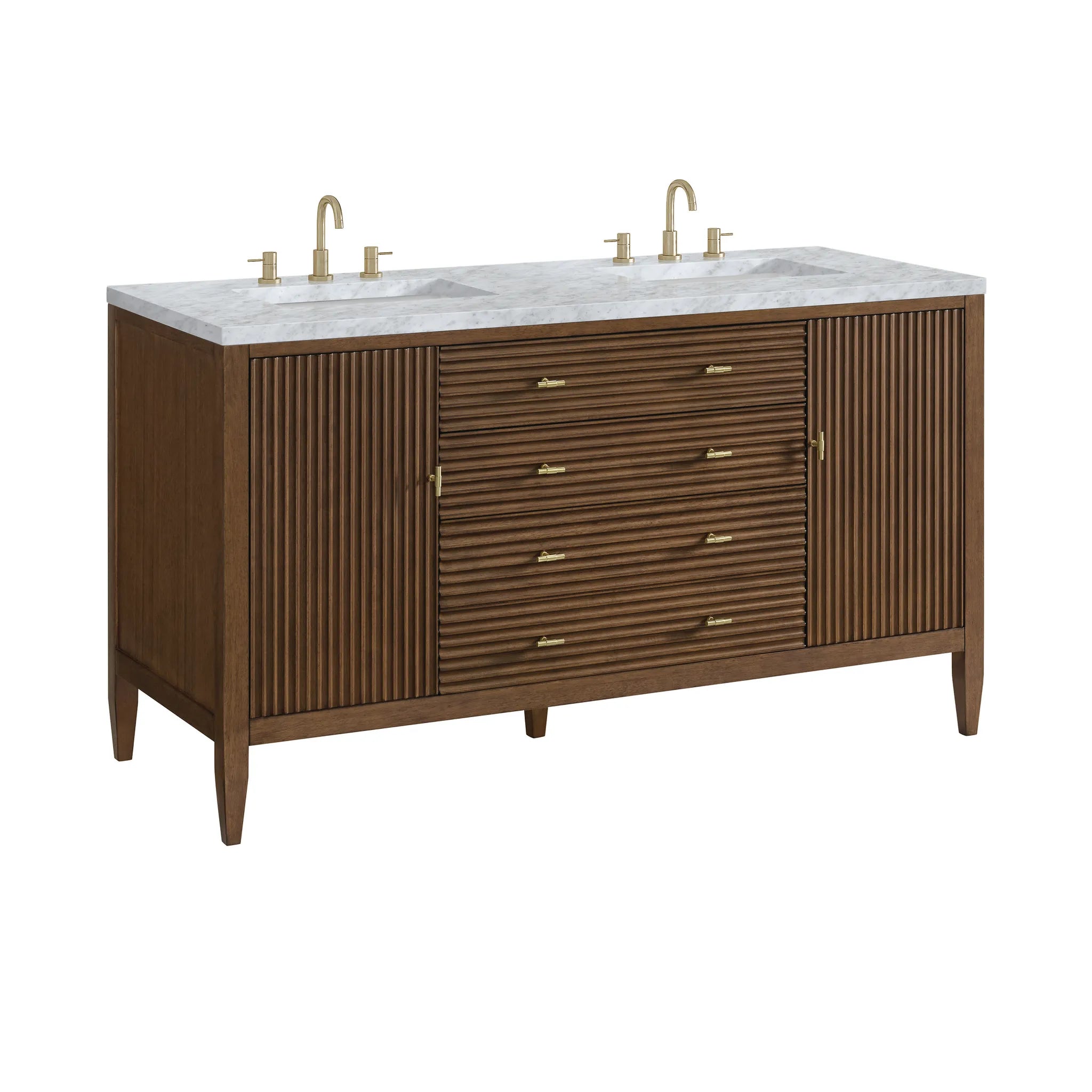 60" Myrrin Double Vanity in Mid Century Walnut-Carrara White Marble-8" Widespread image 9