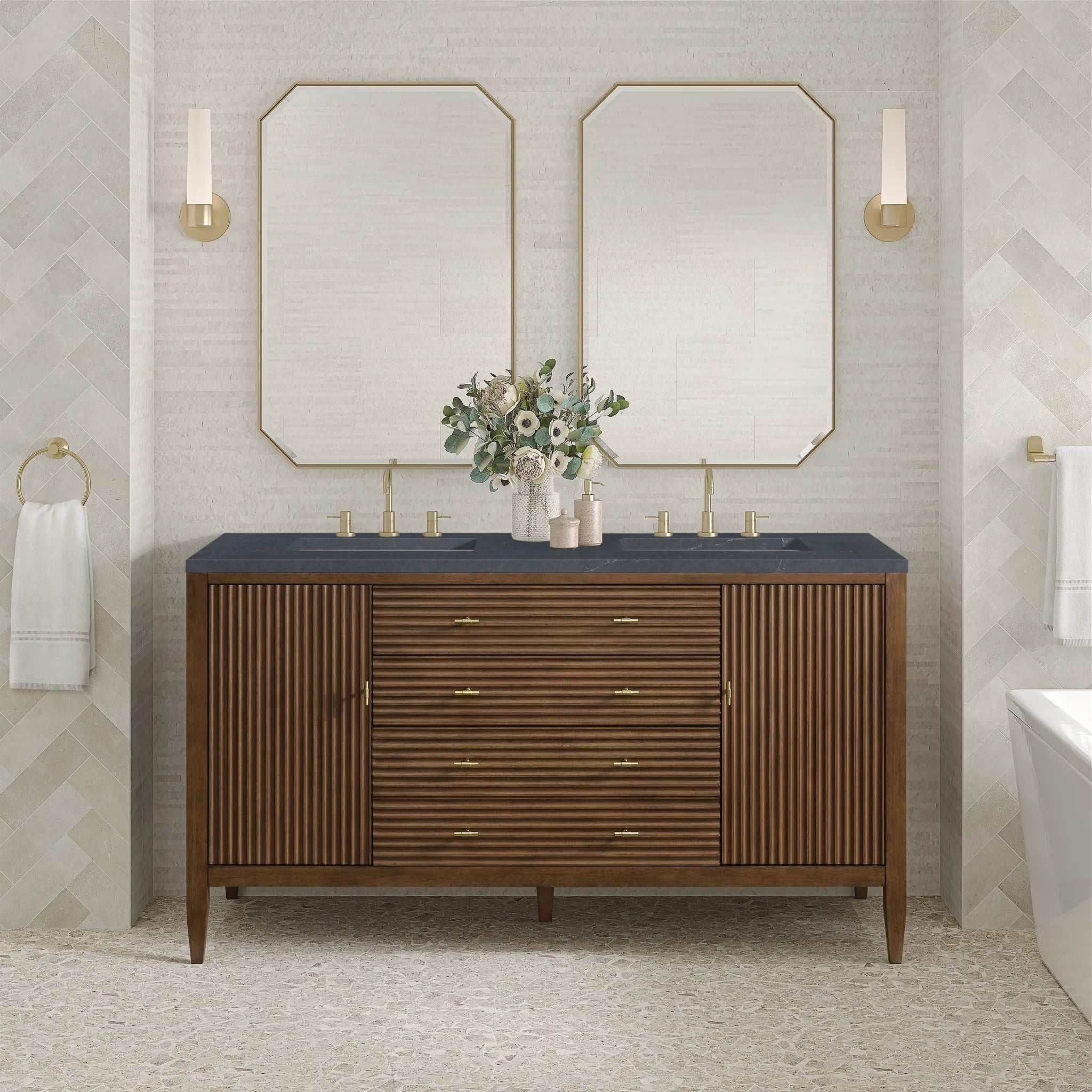 60" Myrrin Double Vanity in Mid Century Walnut-Charcoal Soapstone Silestone-8" Widespread image 2