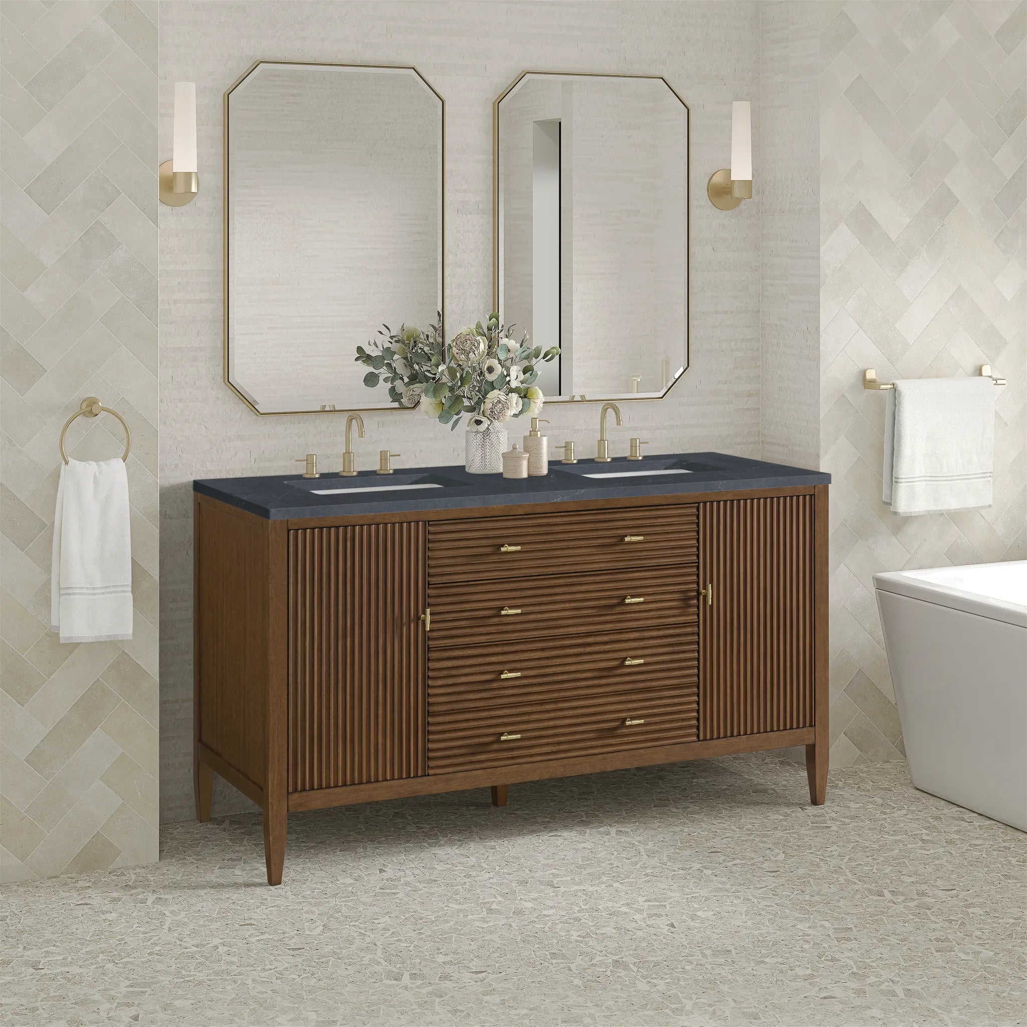 60" Myrrin Double Vanity in Mid Century Walnut-Charcoal Soapstone Silestone-8" Widespread image 3
