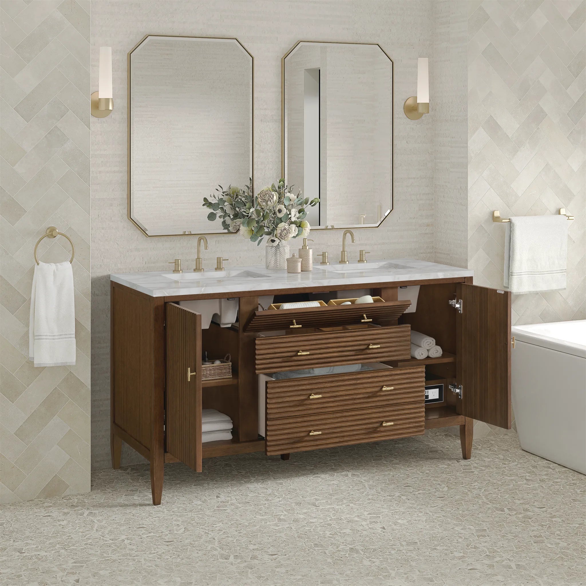 60" Myrrin Double Vanity in Mid Century Walnut-Victorian Silver Silestone-8" Widespread image 4