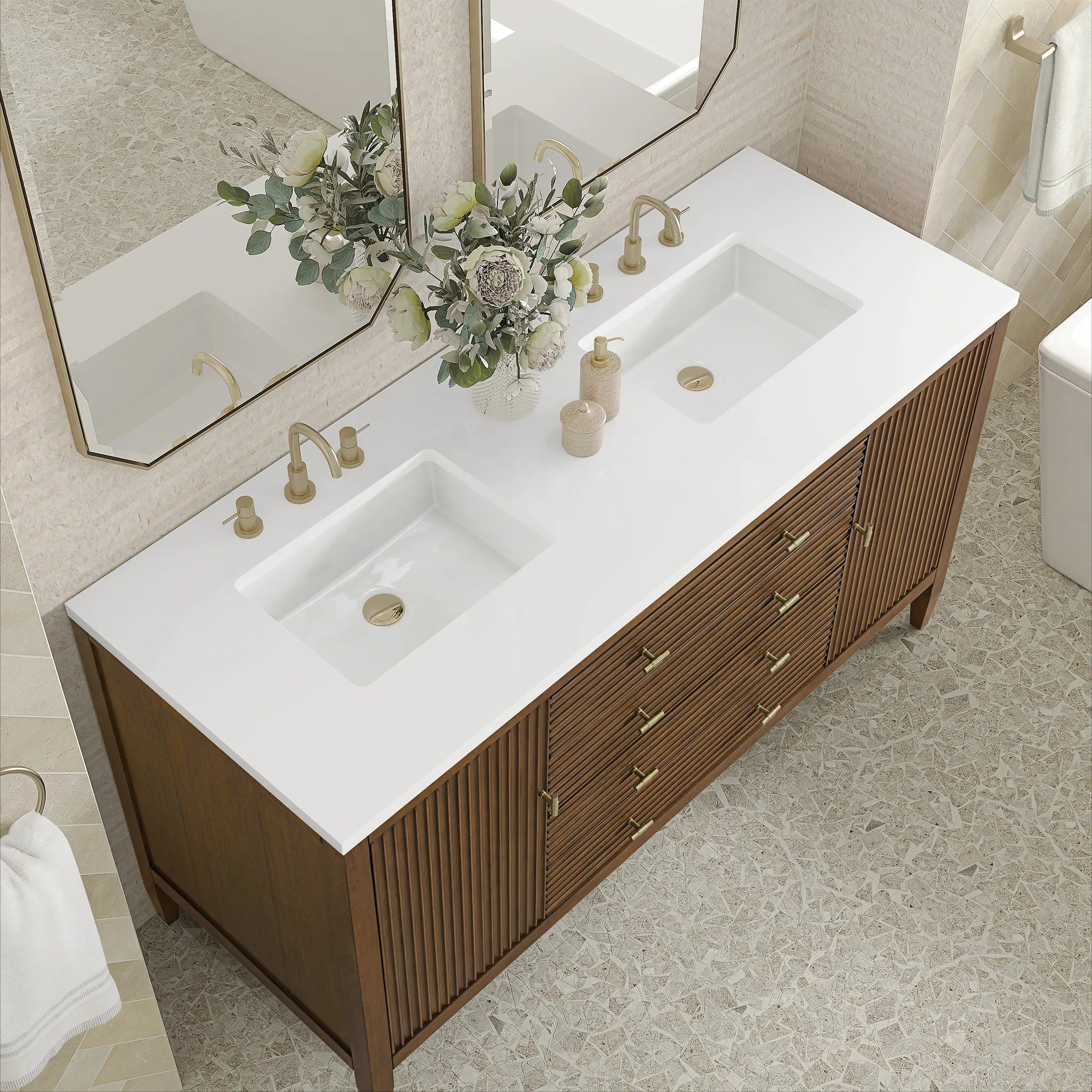 60" Myrrin Double Vanity in Mid Century Walnut w/FreePower Wireless Charger-Cabinet Only-Not Available image 6