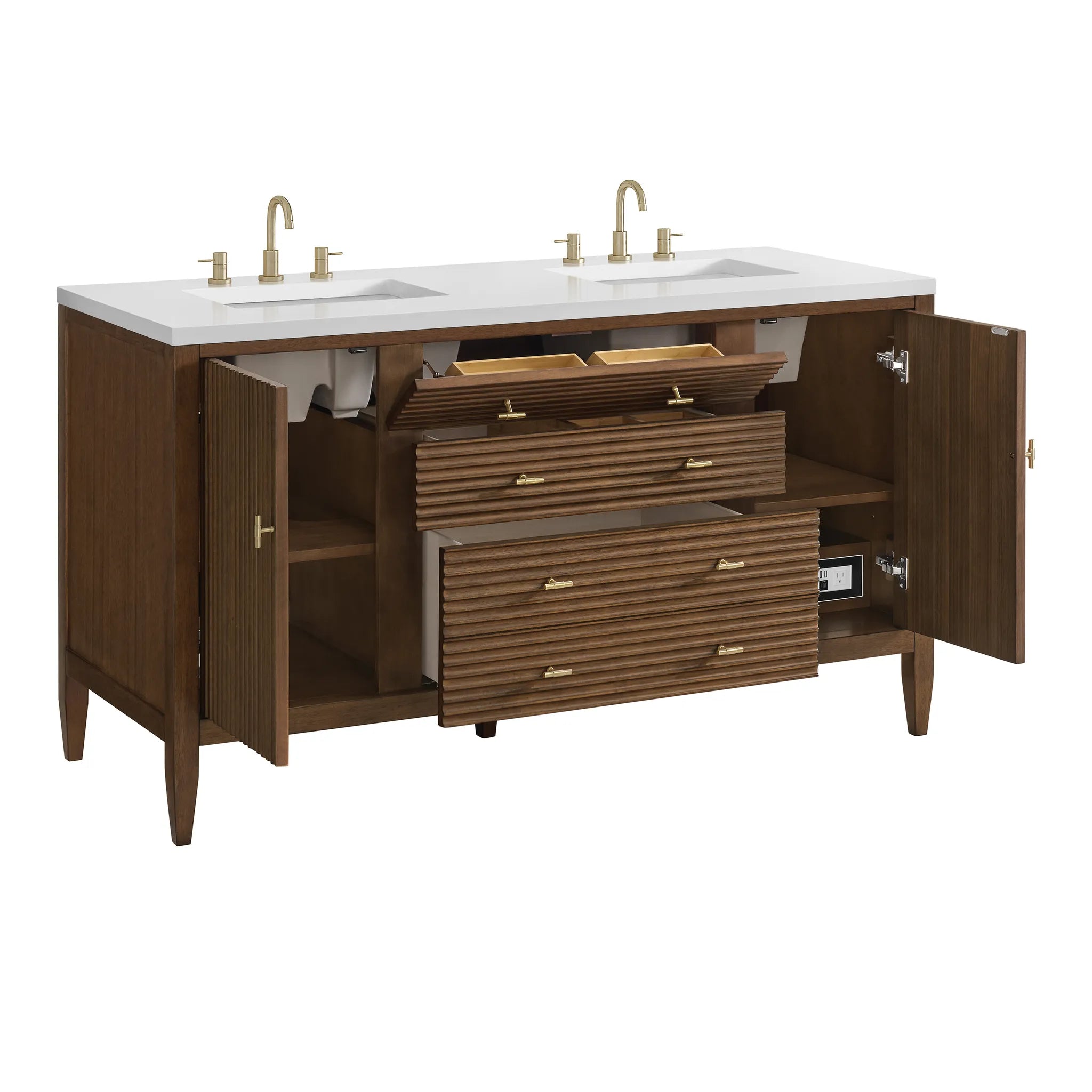 60" Myrrin Double Vanity in Mid Century Walnut w/FreePower Wireless Charger-Cabinet Only-Not Available image 9