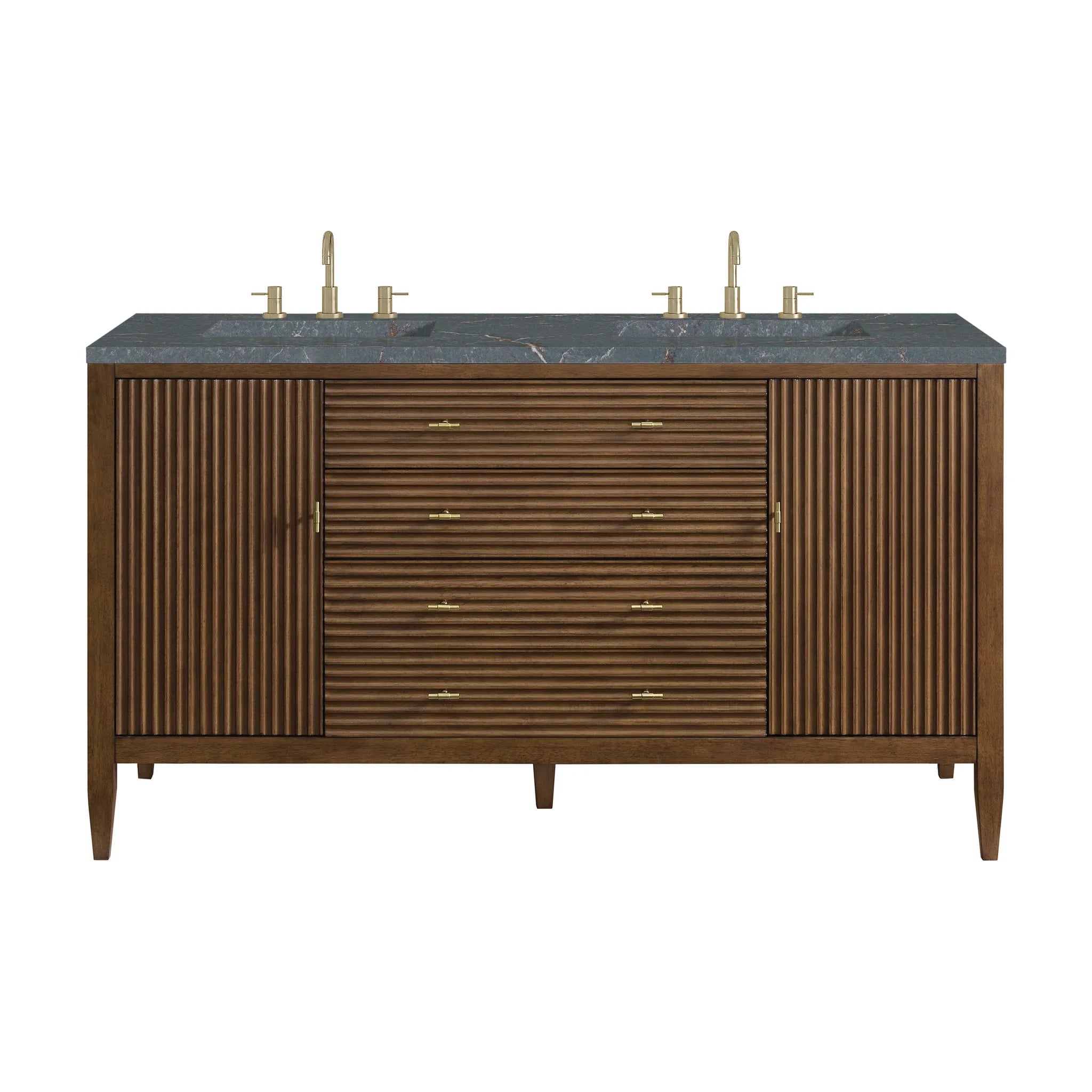 60" Myrrin Double Vanity in Mid Century Walnut w/FreePower Wireless Charger-Parisien Bleu Silestone-8" Widespread image