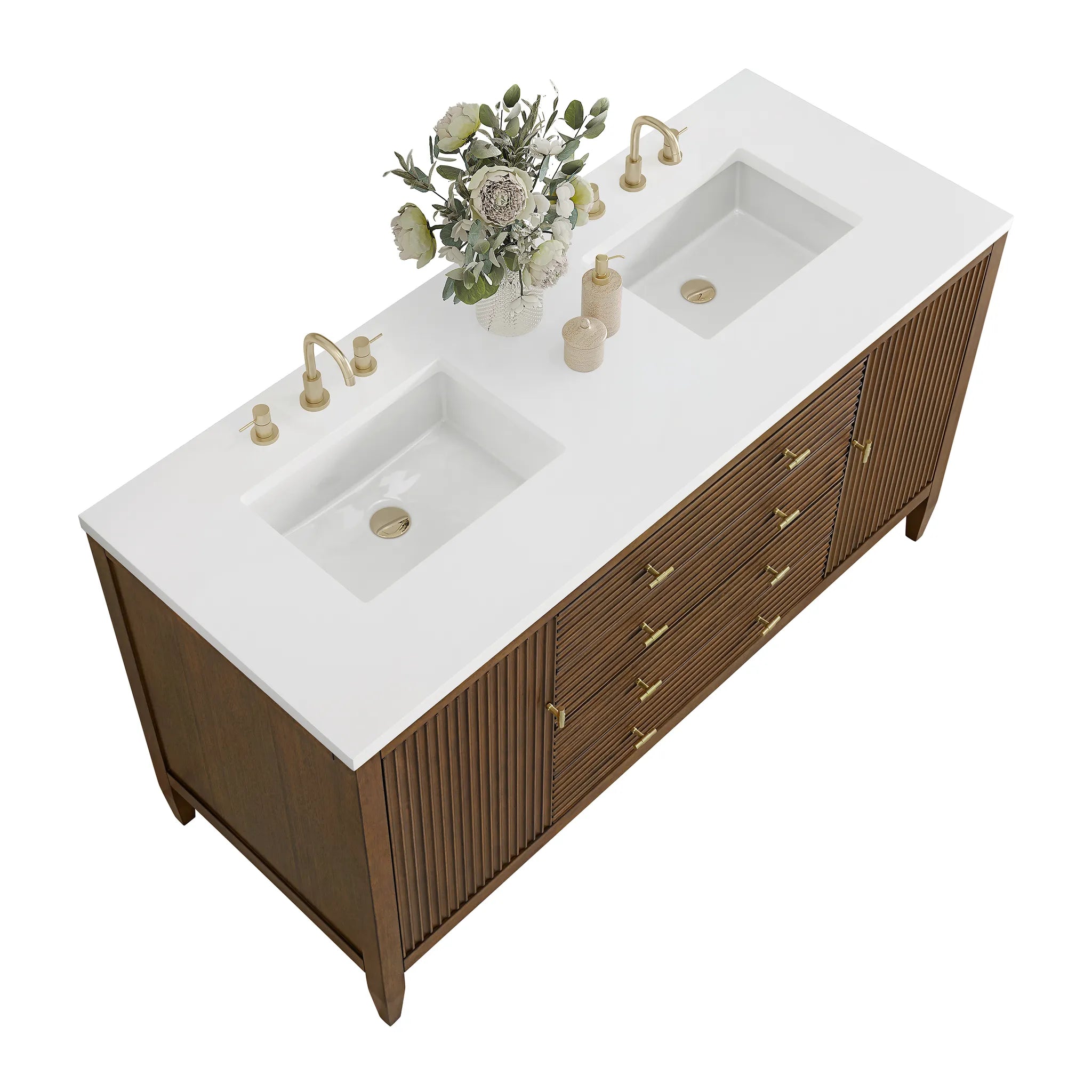 60" Myrrin Double Vanity in Mid Century Walnut-White Zeus Silestone-8" Widespread image 7