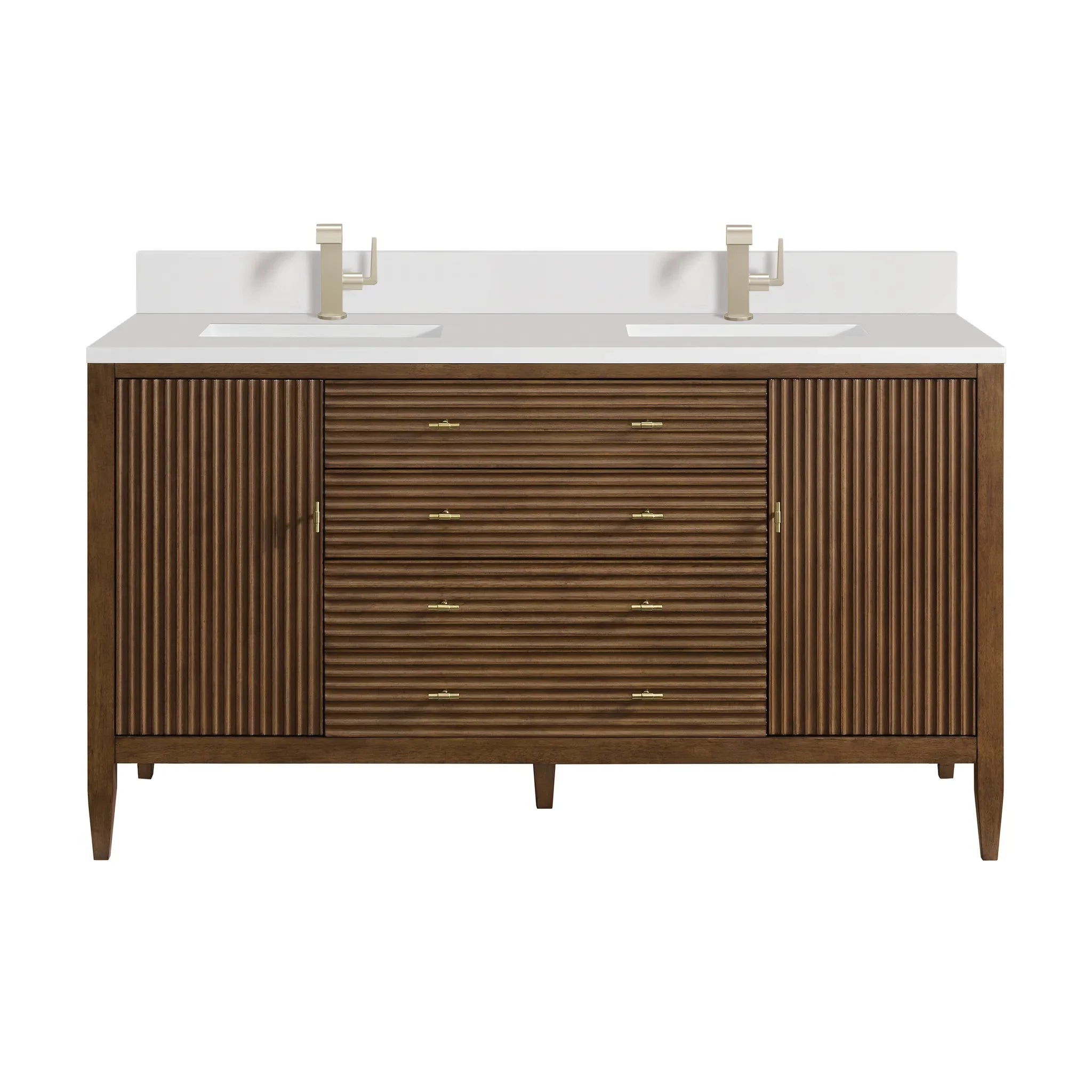60" Myrrin Double Vanity in Mid Century Walnut-White Zeus Silestone & Backsplash-Single Hole image