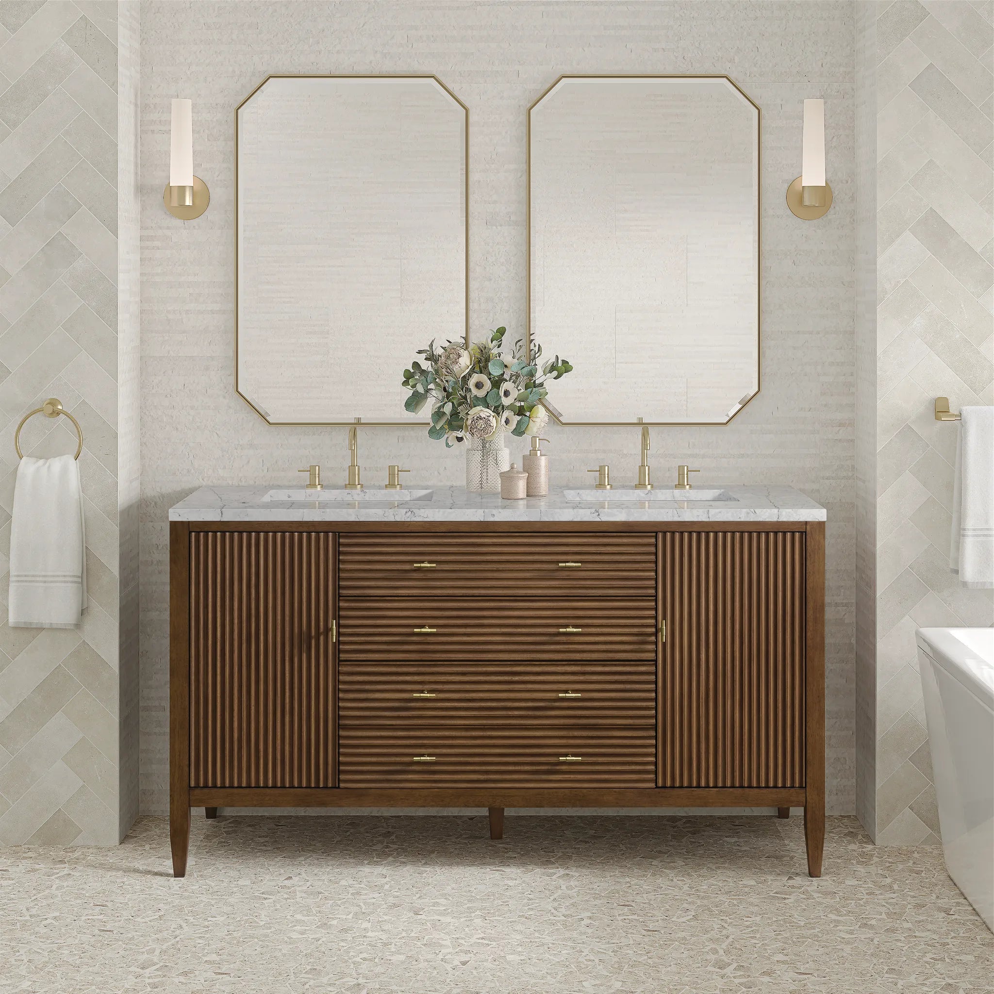 60" Myrrin Double Vanity in Mid Century Walnut Wireless Charger-Eternal Jasmine Pearl Silestone-8" Widespread image 5