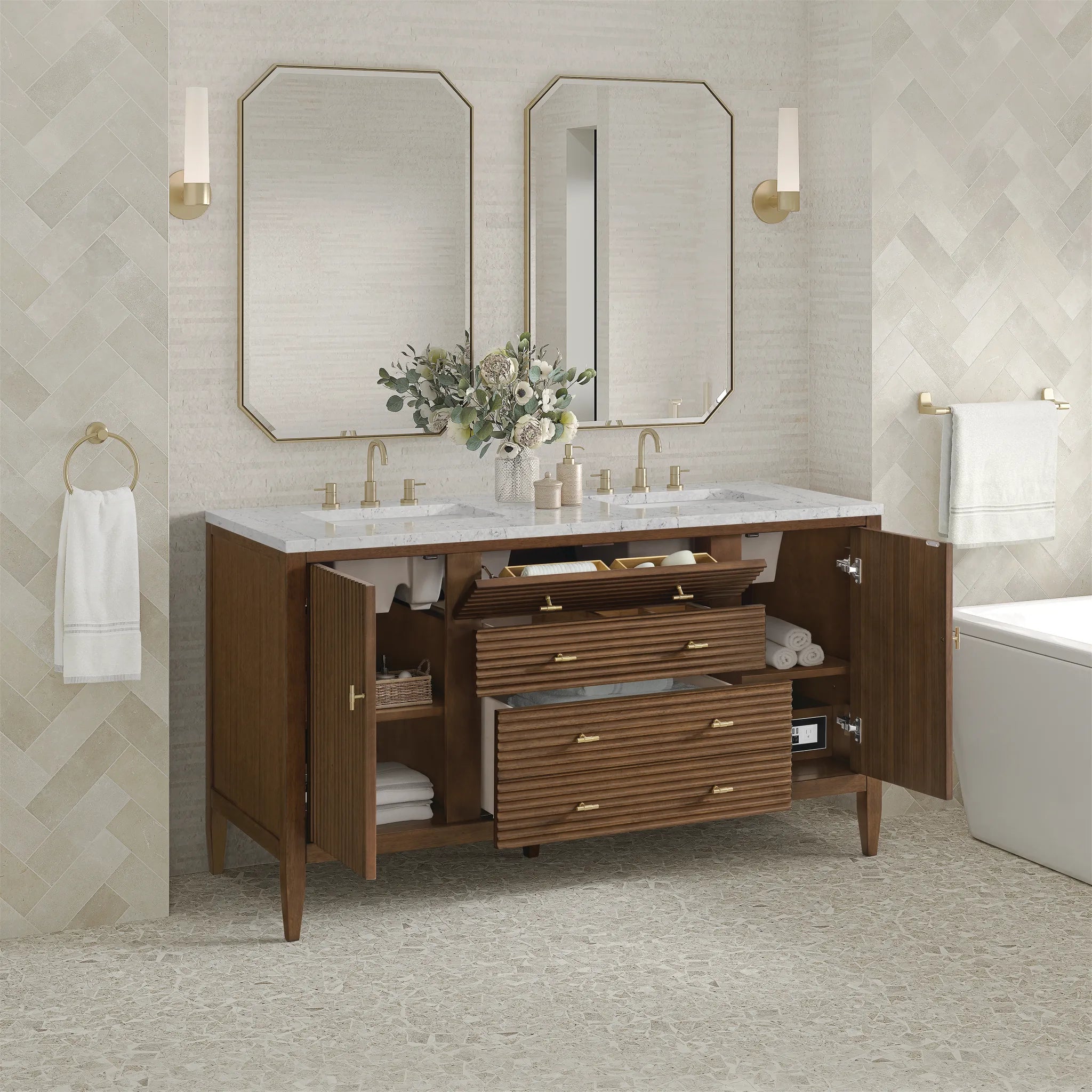 60" Myrrin Double Vanity in Mid Century Walnut Wireless Charger-Eternal Jasmine Pearl Silestone-8" Widespread image 7