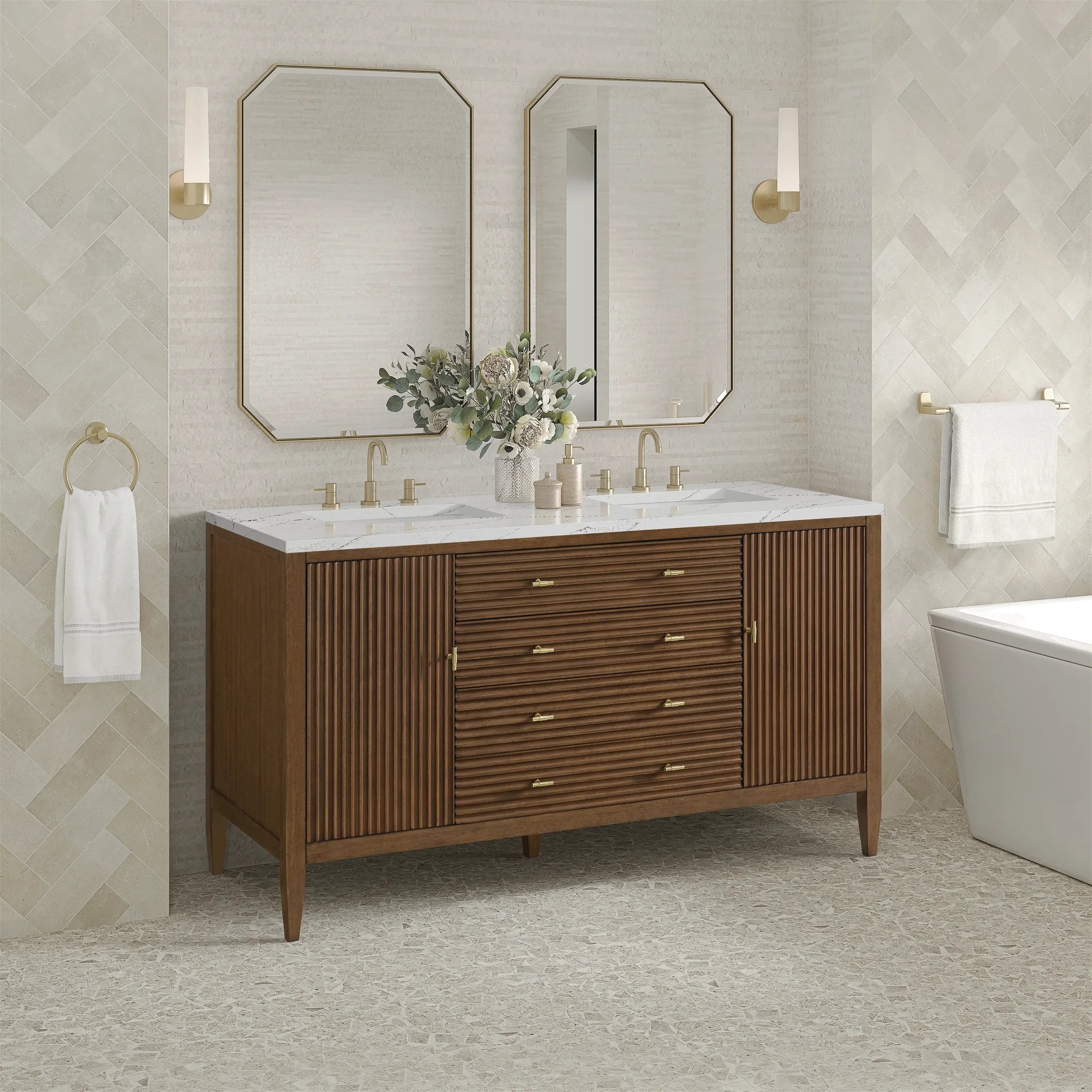 60" Myrrin Double Vanity in Mid Century Walnut Wireless Charger-Ethereal Noctis Silestone-8" Widespread image 6