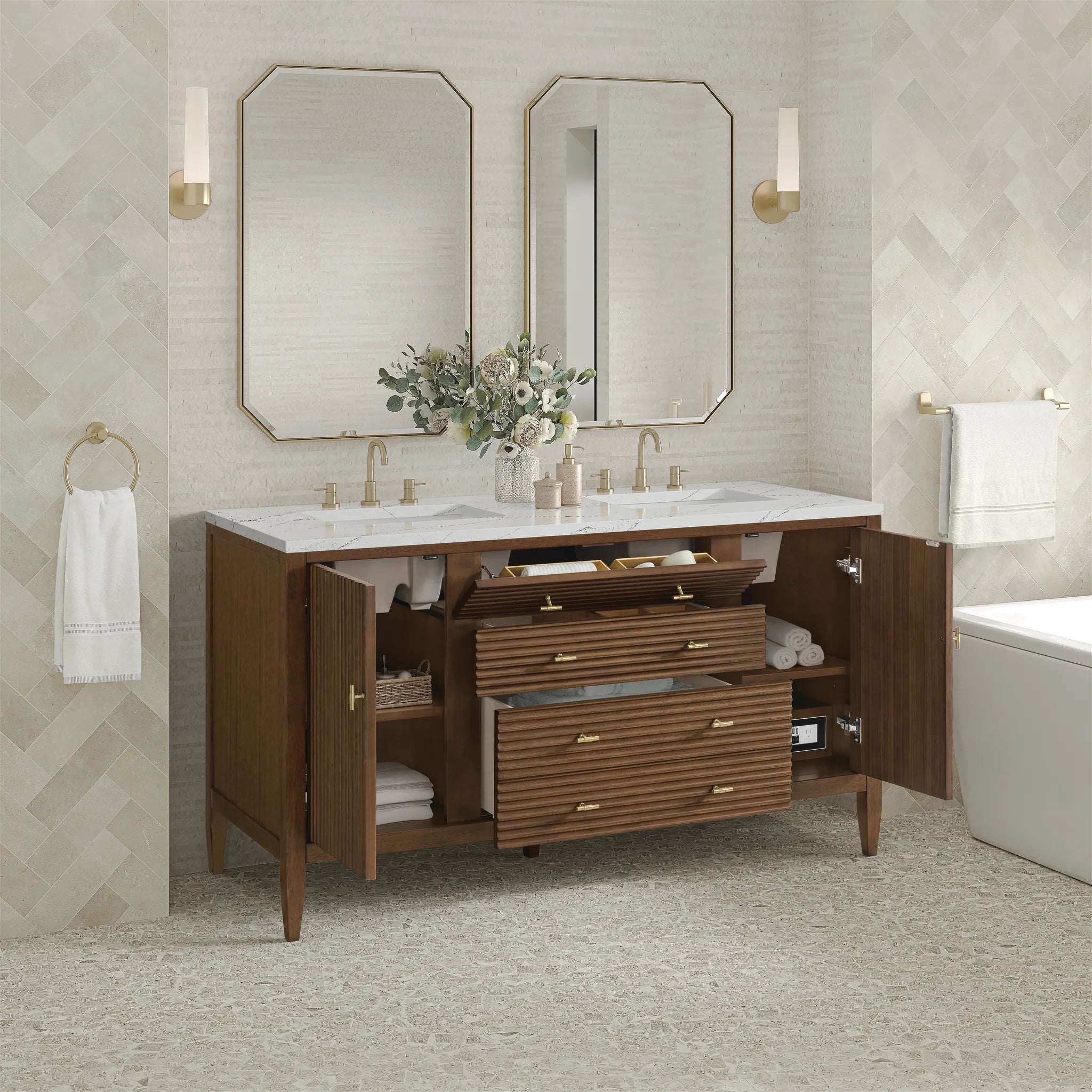 60" Myrrin Double Vanity in Mid Century Walnut Wireless Charger-Ethereal Noctis Silestone-8" Widespread image 7