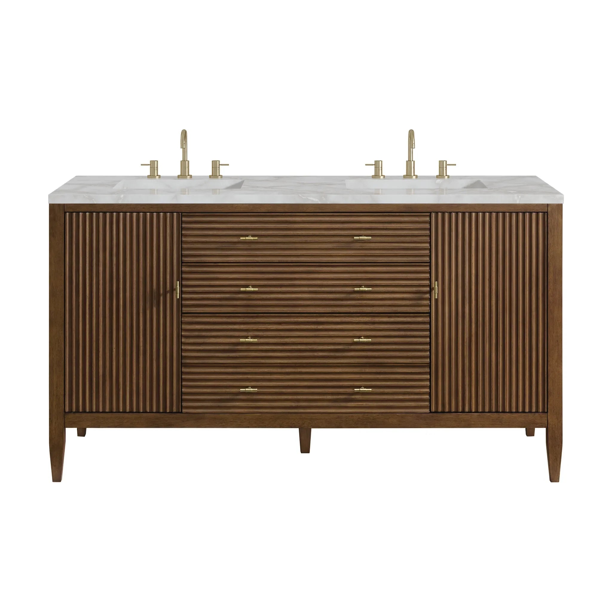 60" Myrrin Double Vanity in Mid Century Walnut Wireless Charger-Victorian Silver Silestone-8" Widespread image