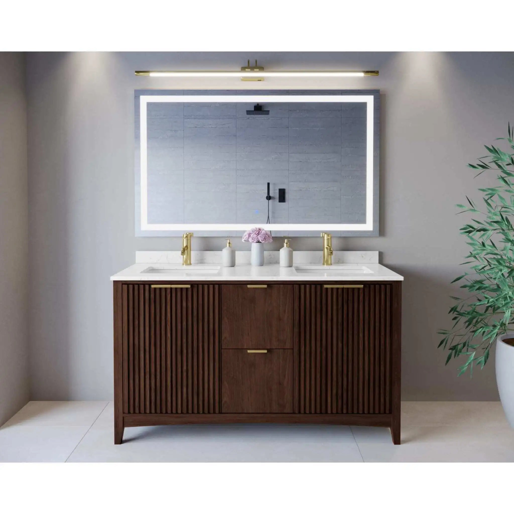 60" Palmilla Double Bathroom Vanity in Dark Walnut with Brushed Gold Trim by Wyndham