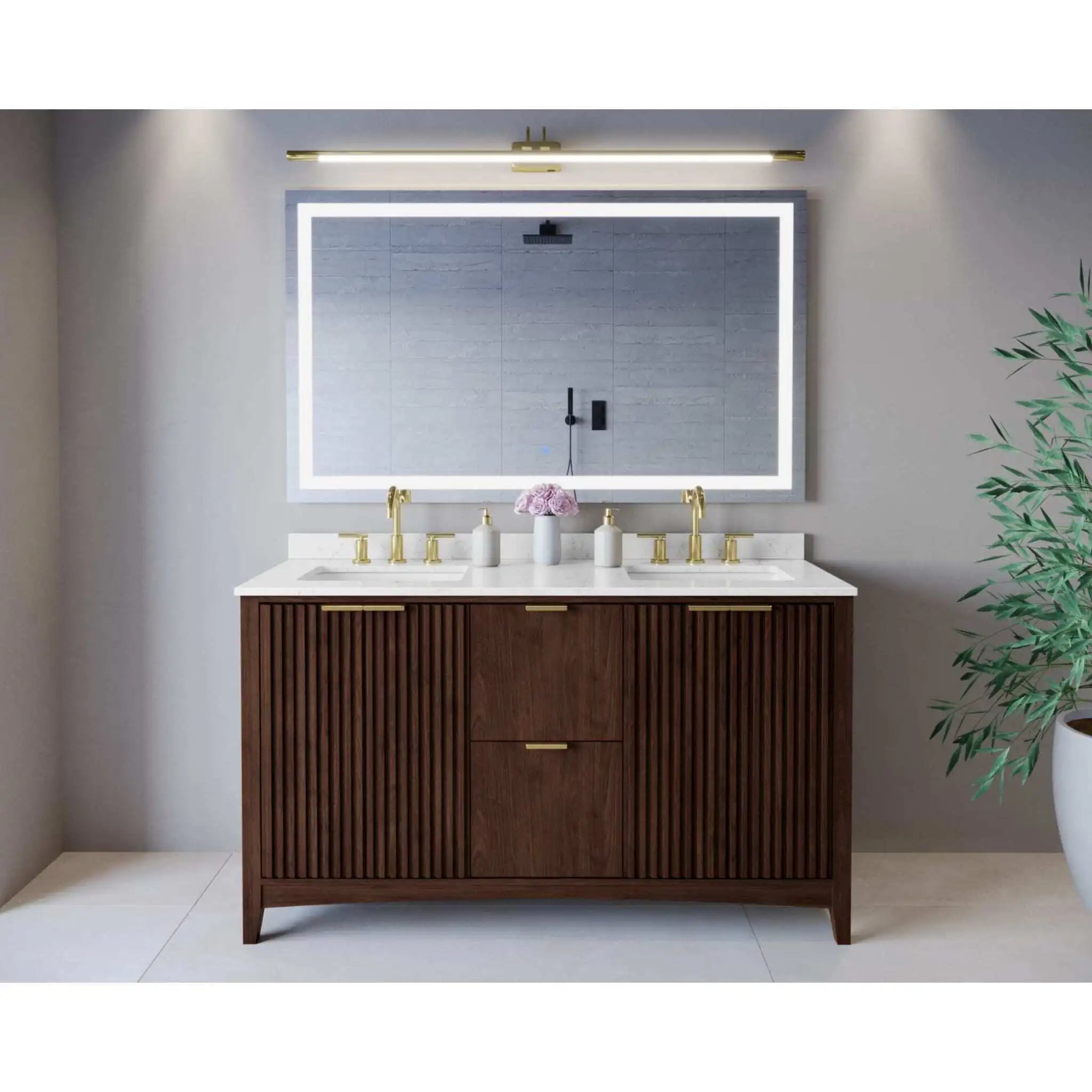 60" Palmilla Double Bathroom Vanity in Dark Walnut with Brushed Gold Trim by Wyndham
