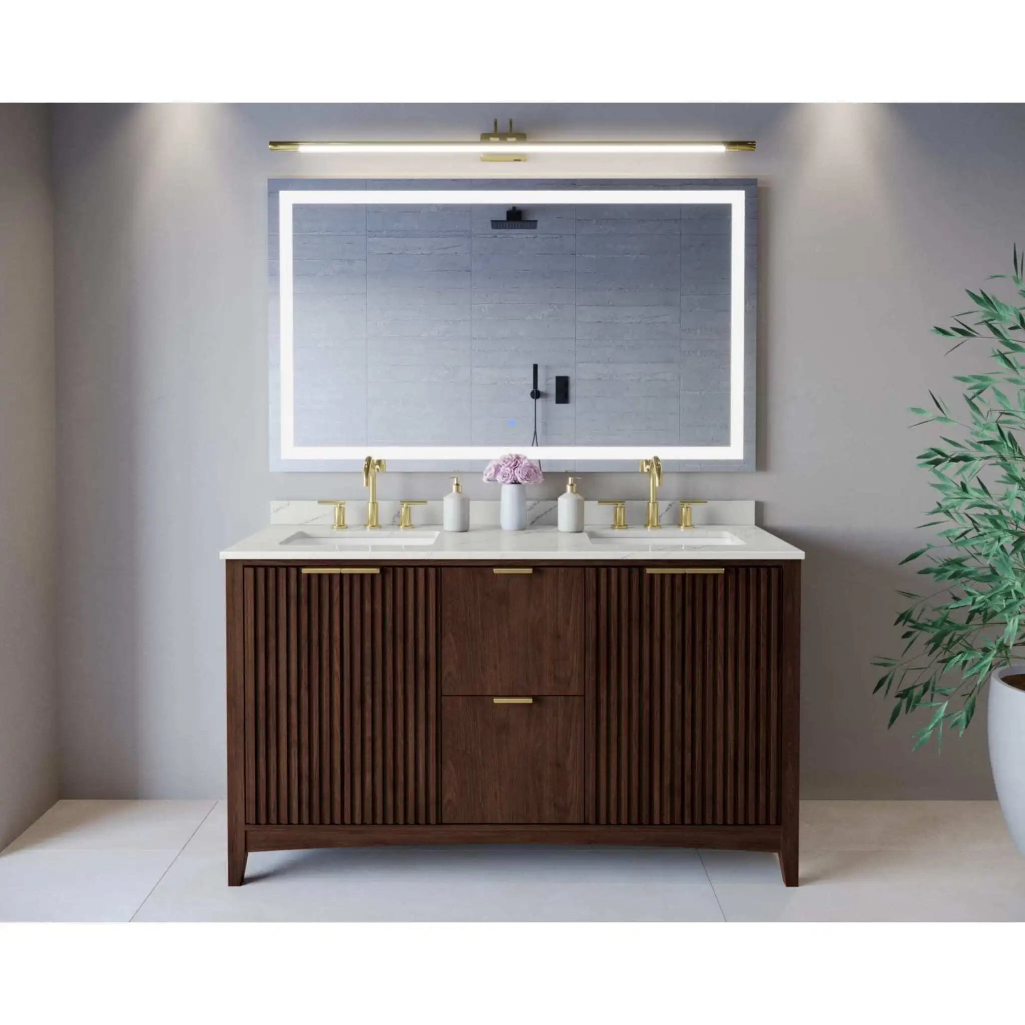 60" Palmilla Double Bathroom Vanity in Dark Walnut with Brushed Gold Trim by Wyndham