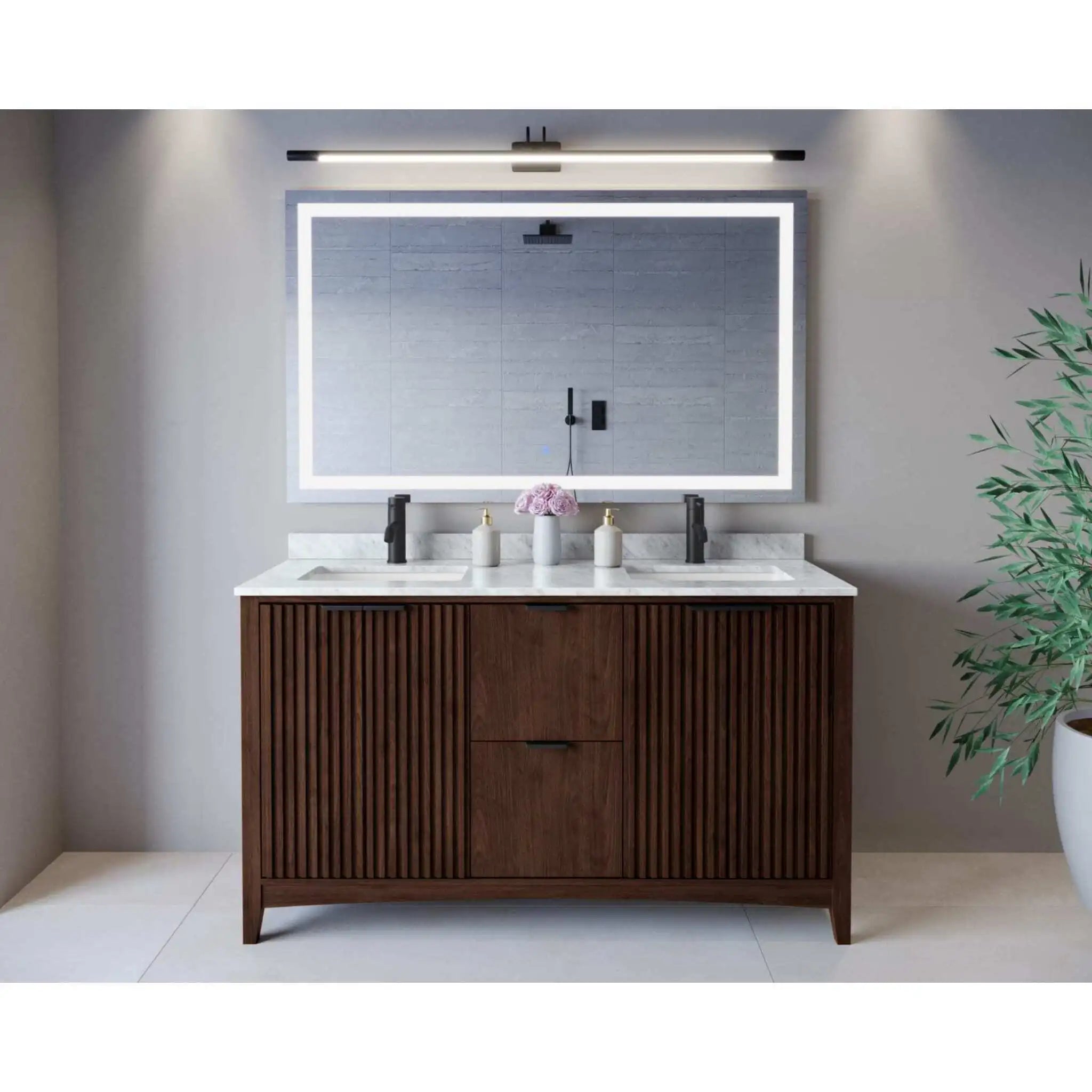 60" Palmilla Double Bathroom Vanity in Dark Walnut with Matte Black Trim by Wyndham