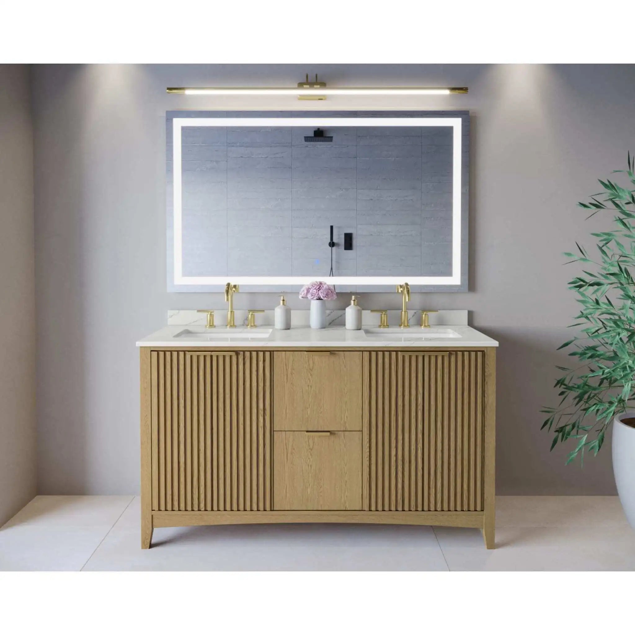 60" Palmilla Double Bathroom Vanity in Natural Oak with Brushed Gold Trim by Wyndham