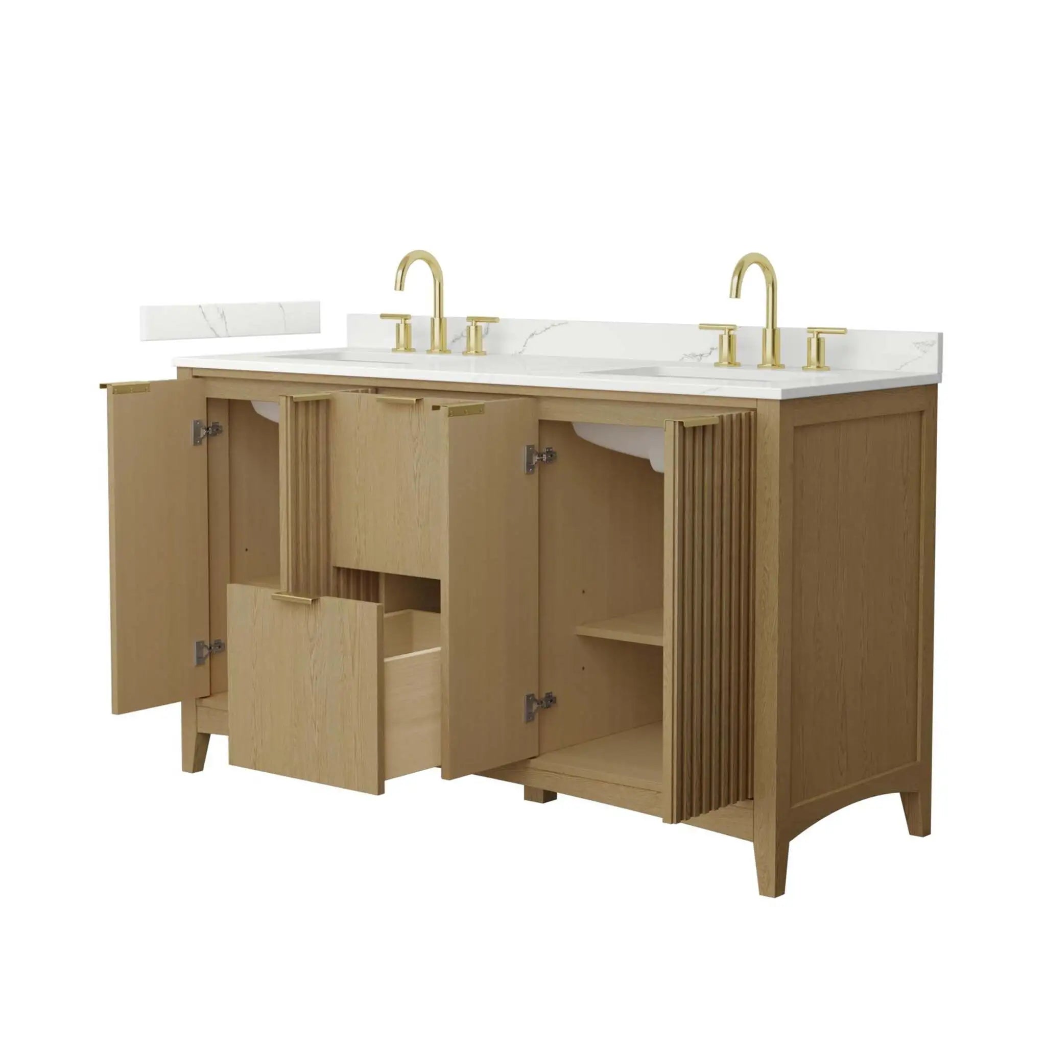 60" Palmilla Double Bathroom Vanity in Natural Oak with Brushed Gold Trim by Wyndham