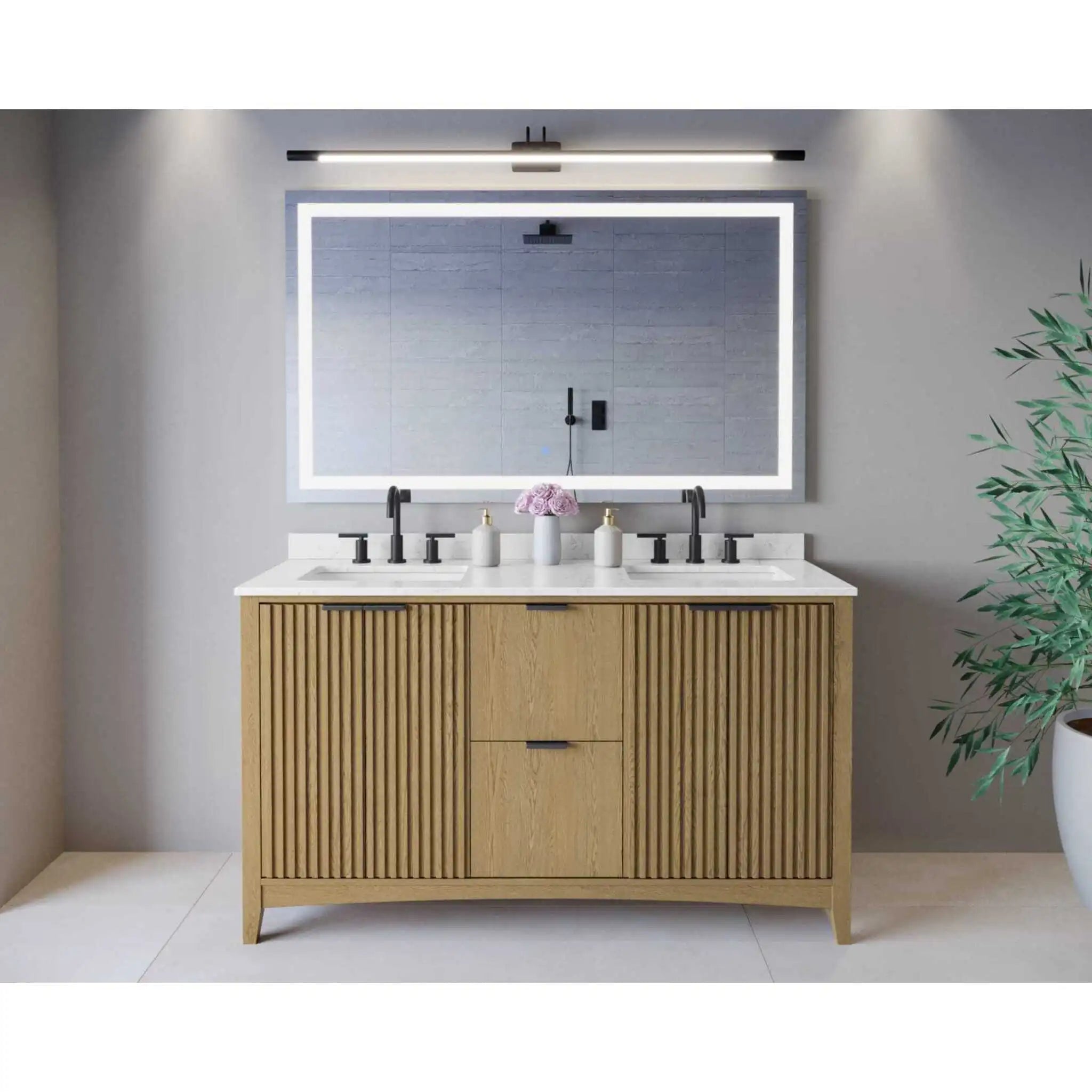 60" Palmilla Double Bathroom Vanity in Natural Oak with Matte Black Trim by Wyndham