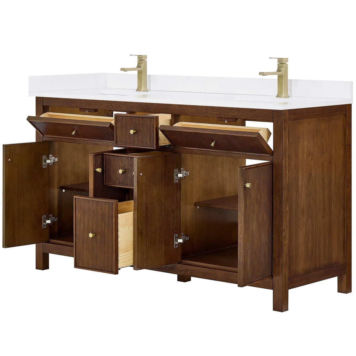 60" Pendry Double Bathroom Vanity Dark Walnut Brushed Gold Trim by wyndham View 7
