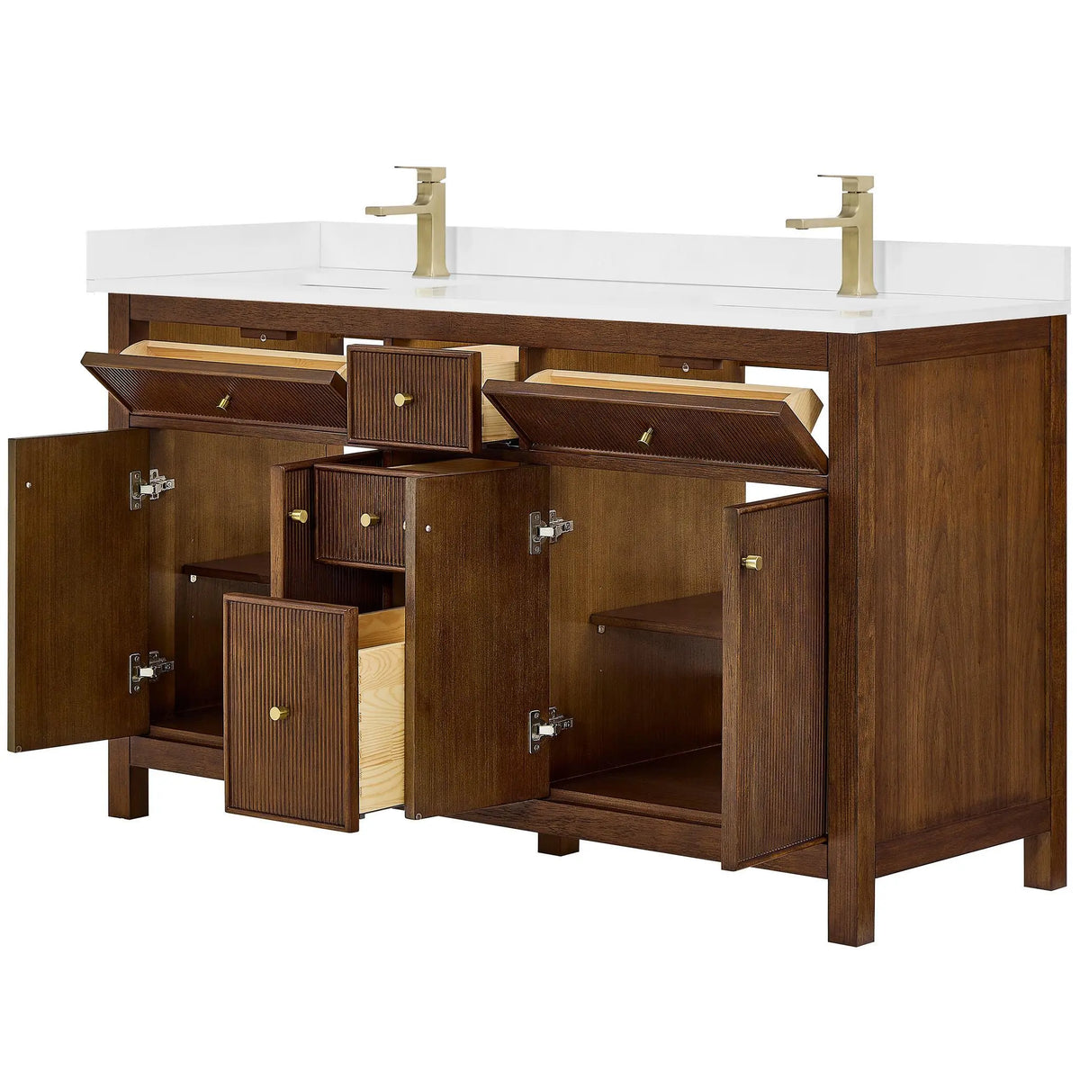 60" Pendry Double Bathroom Vanity Dark Walnut Brushed Gold Trim by wyndham View 15
