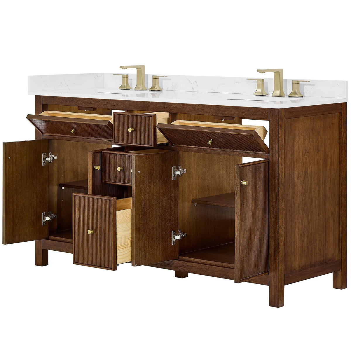 60" Pendry Double Bathroom Vanity Dark Walnut Brushed Gold Trim by wyndham View 27