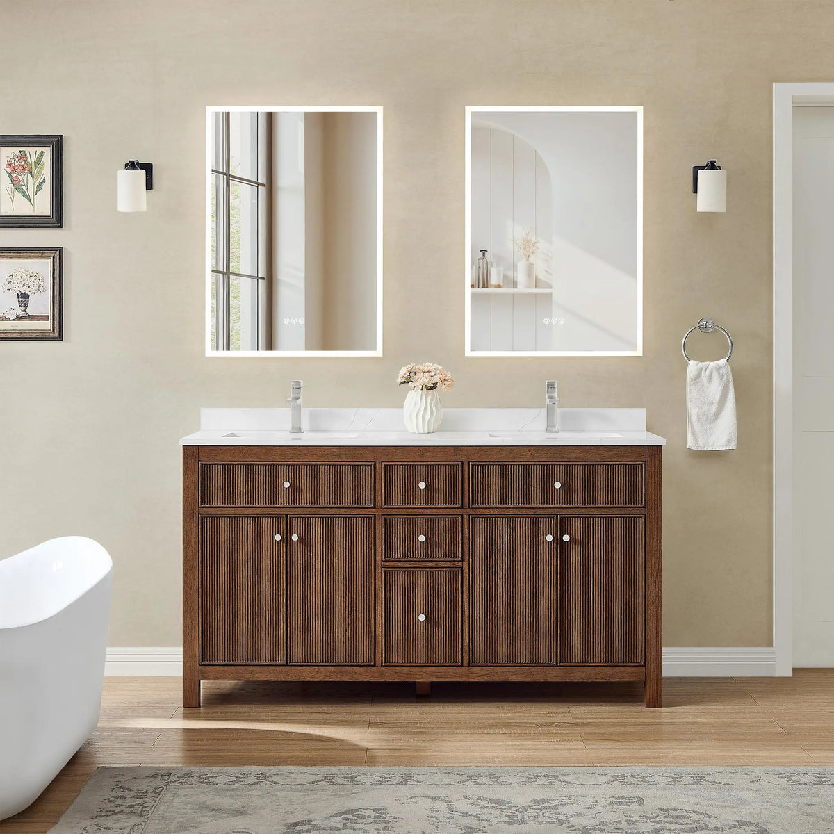 60" Pendry Double Bathroom Vanity Dark Walnut Brushed Nickel Trim by wyndham View 10