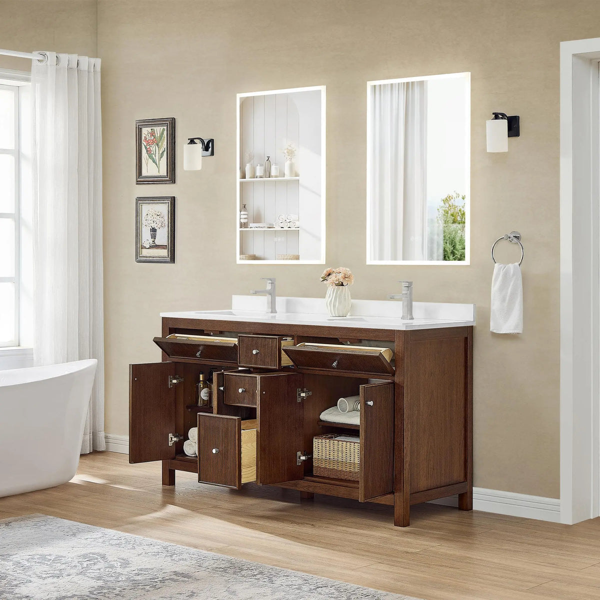 60" Pendry Double Bathroom Vanity Dark Walnut Brushed Nickel Trim by wyndham View 16