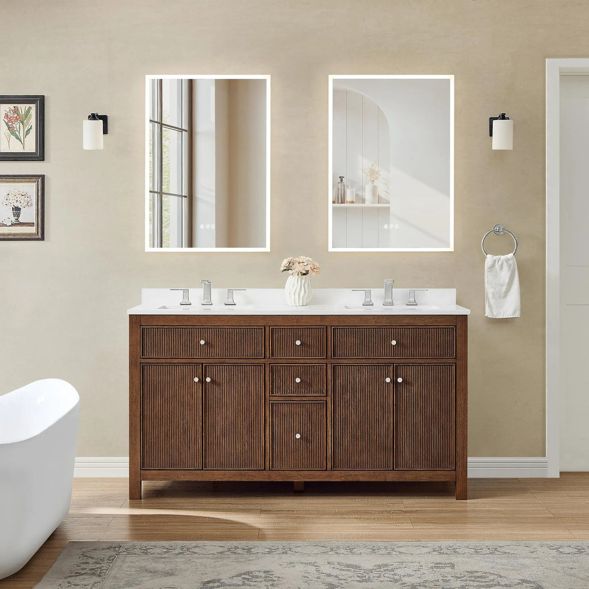 60" Pendry Double Bathroom Vanity Dark Walnut Brushed Nickel Trim by wyndham View 22