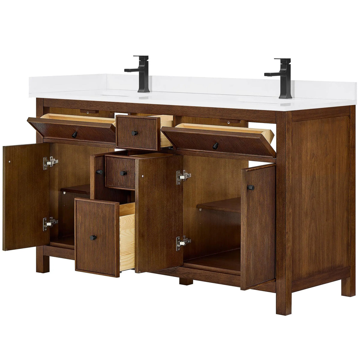 60" Pendry Double Bathroom Vanity Dark Walnut Matte Black Trim by wyndham View 7