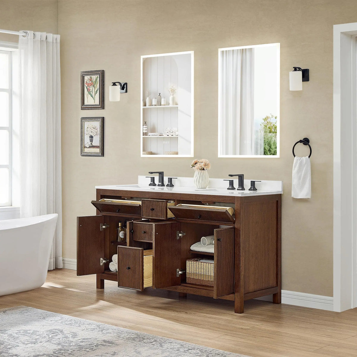 60" Pendry Double Bathroom Vanity Dark Walnut Matte Black Trim by wyndham View 24