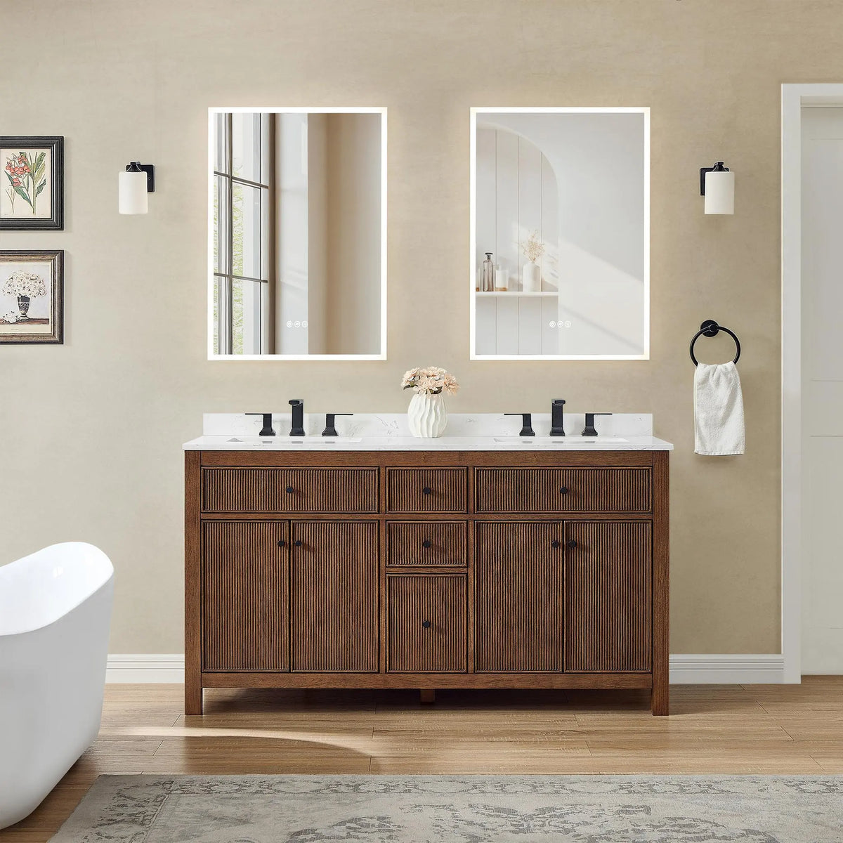 60" Pendry Double Bathroom Vanity Dark Walnut Matte Black Trim by wyndham View 26