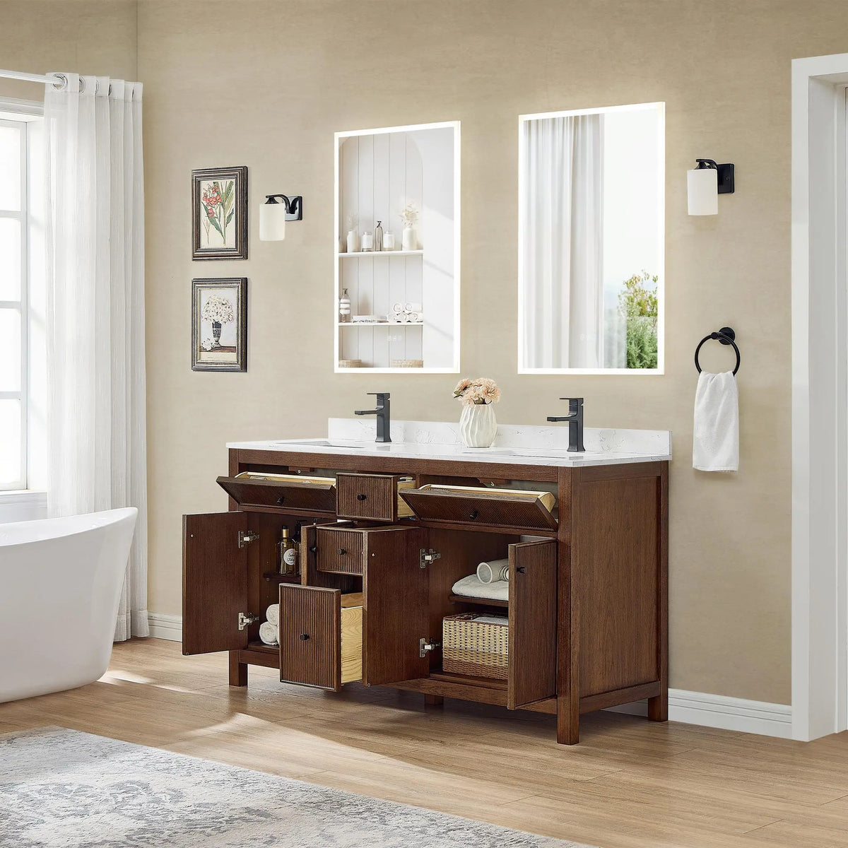 60" Pendry Double Bathroom Vanity Dark Walnut Matte Black Trim by wyndham View 4