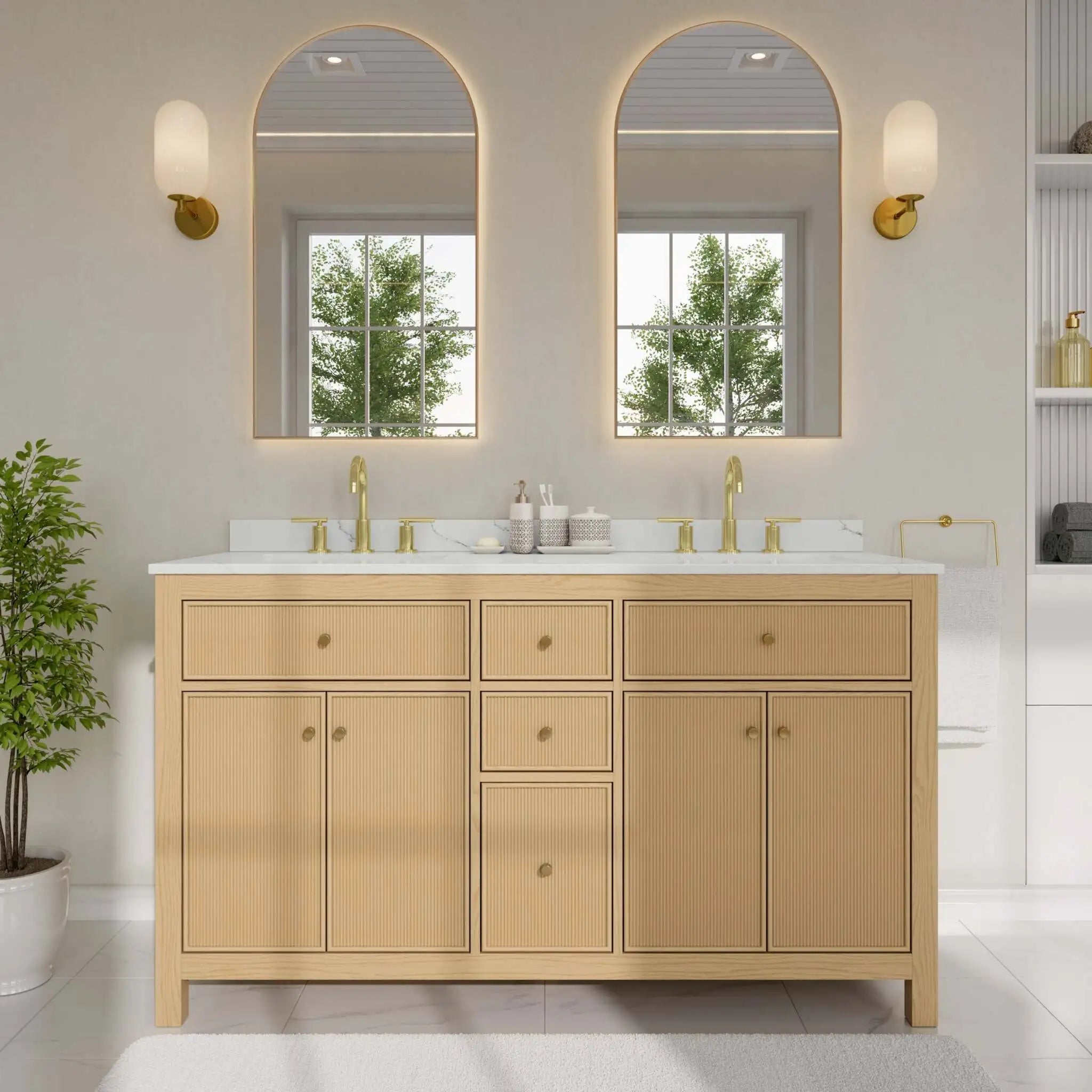 60" Pendry Double Bathroom Vanity in Tanned Oak with Brushed Gold Trim by Wyndham