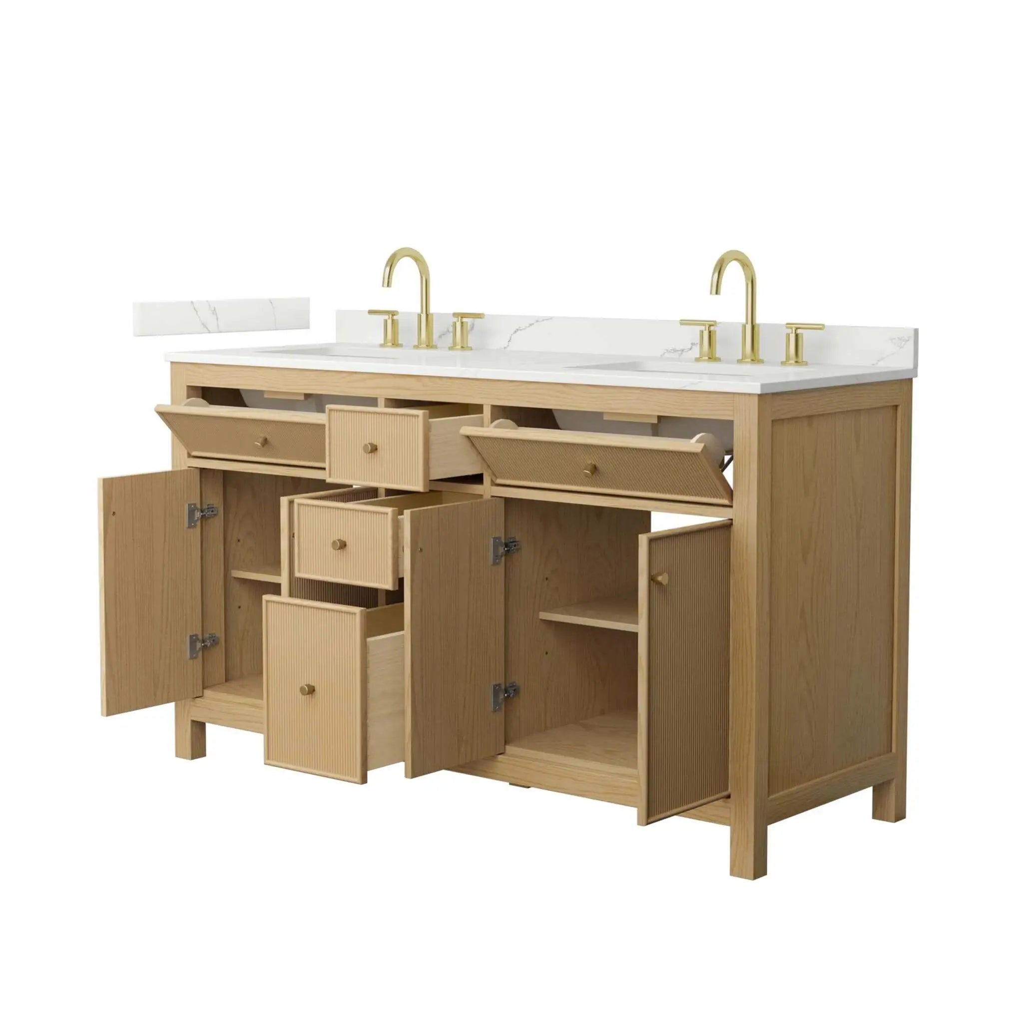 60" Pendry Double Bathroom Vanity in Tanned Oak with Brushed Gold Trim by Wyndham