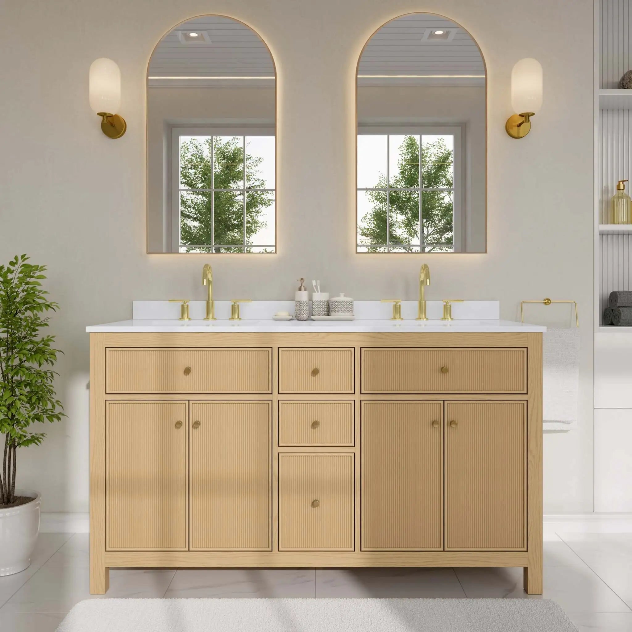 60" Pendry Double Bathroom Vanity in Tanned Oak with Brushed Gold Trim by Wyndham