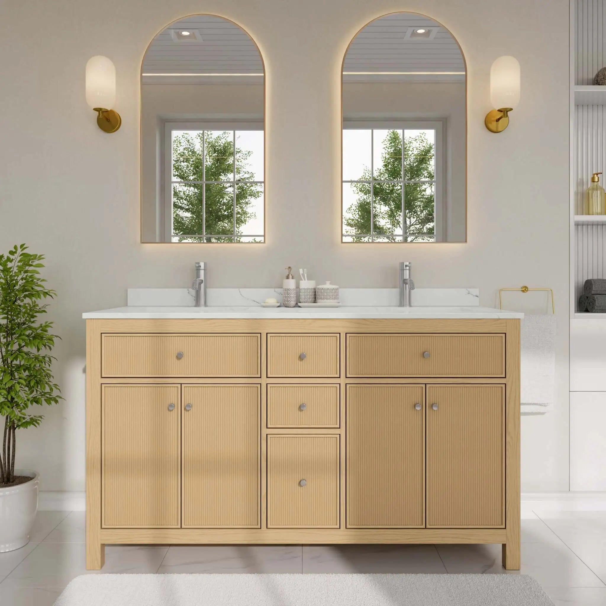60" Pendry Double Bathroom Vanity in Tanned Oak with Brushed Nickel Trim by Wyndham