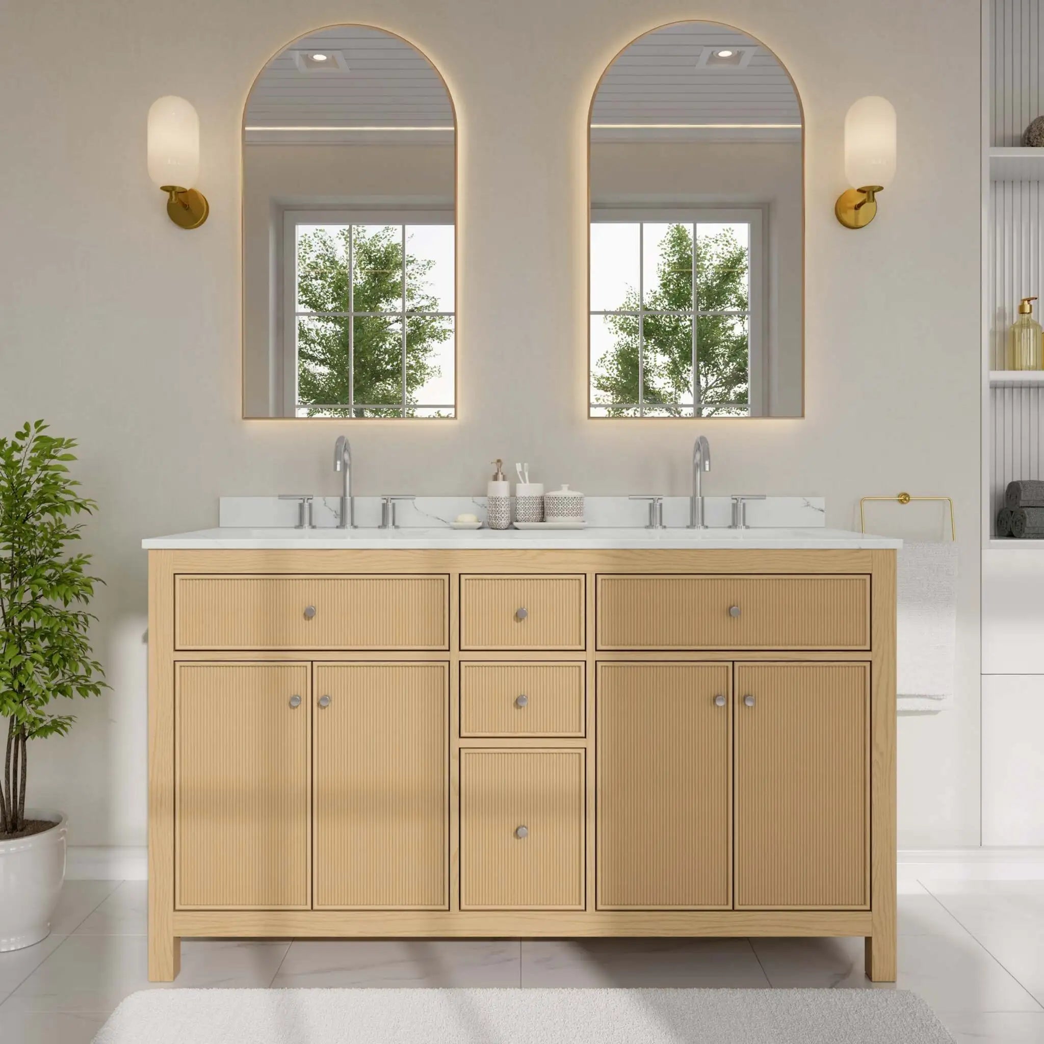 60" Pendry Double Bathroom Vanity in Tanned Oak with Brushed Nickel Trim by Wyndham