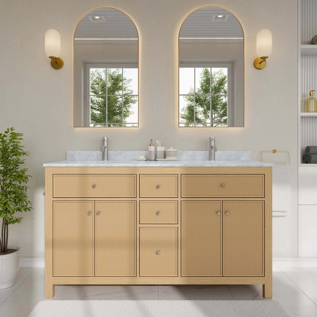 60" Pendry Double Bathroom Vanity in Tanned Oak with Brushed Nickel Trim by Wyndham